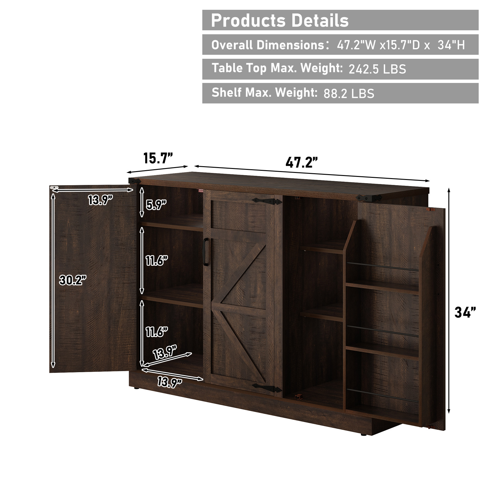 ChVans 47.2" Farmhouse Kitchen Buffet Sideboard Cabinet with 3 Side Shelves, 34"H Kitchen Pantry Cabinet with 3 Barn Doors/4 Adjustable Shelves for Kitchen, Dining Room, Living Room, Brown