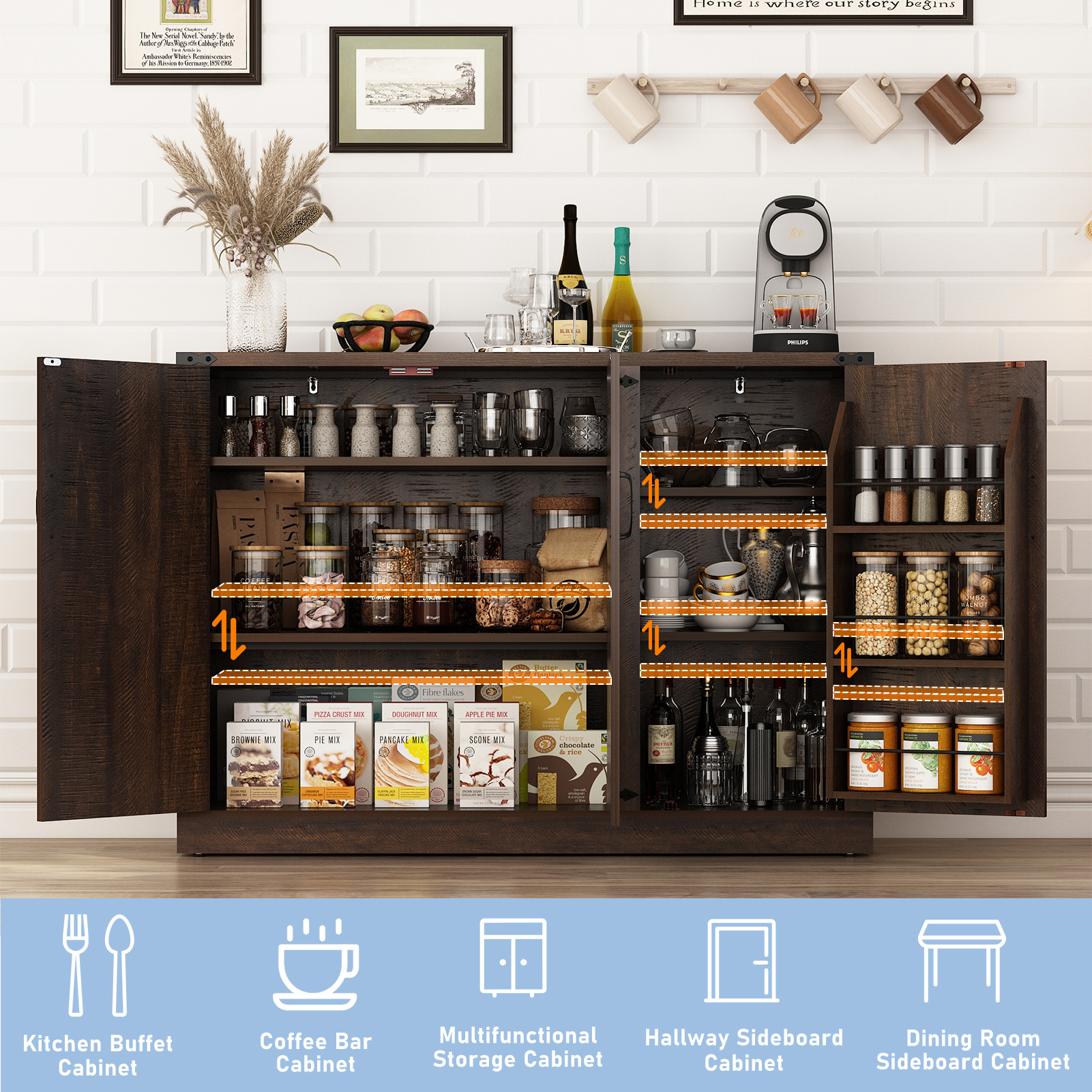 ChVans 47.2" Farmhouse Kitchen Buffet Sideboard Cabinet with 3 Side Shelves, 34"H Kitchen Pantry Cabinet with 3 Barn Doors/4 Adjustable Shelves for Kitchen, Dining Room, Living Room, Brown