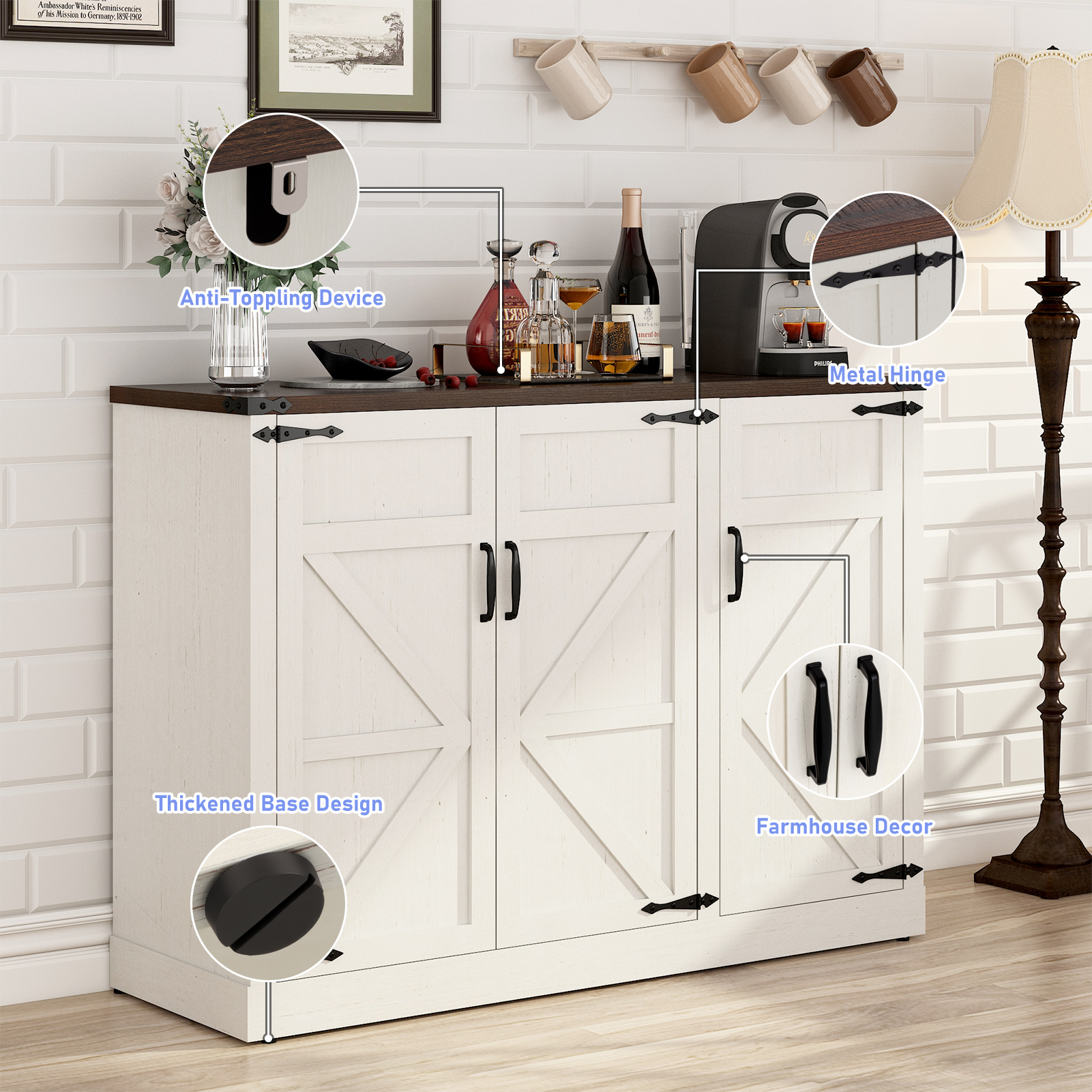 ChVans 47.2" Farmhouse Kitchen Buffet Sideboard Cabinet with 3 Side Shelves, 34"H Kitchen Pantry Cabinet with 3 Barn Doors/4 Adjustable Shelves for Kitchen, Dining Room, Living Room, Brown