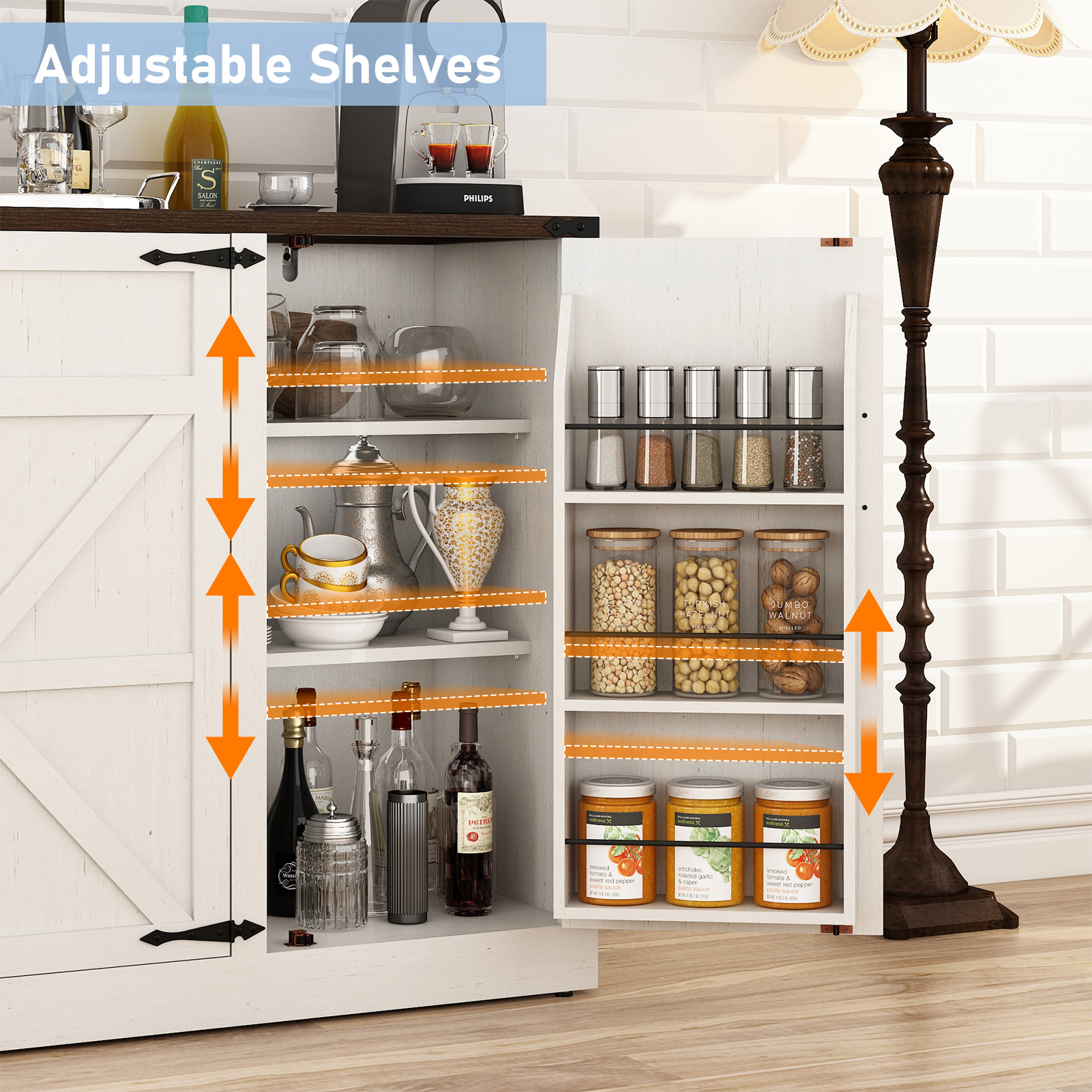 ChVans 47.2" Farmhouse Kitchen Buffet Sideboard Cabinet with 3 Side Shelves, 34"H Kitchen Pantry Cabinet with 3 Barn Doors/4 Adjustable Shelves for Kitchen, Dining Room, Living Room, Brown