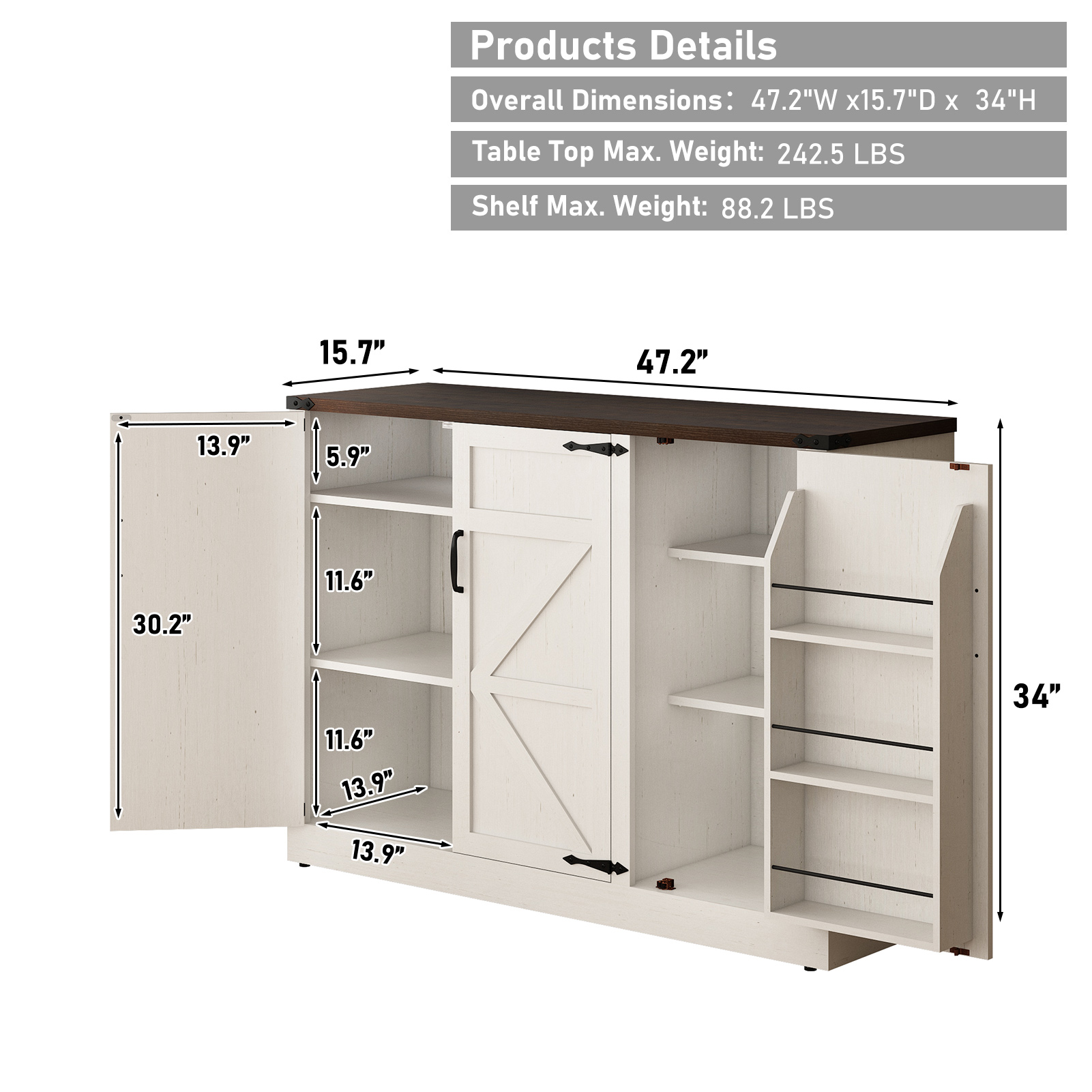 ChVans 47.2" Farmhouse Kitchen Buffet Sideboard Cabinet with 3 Side Shelves, 34"H Kitchen Pantry Cabinet with 3 Barn Doors/4 Adjustable Shelves for Kitchen, Dining Room, Living Room, Brown