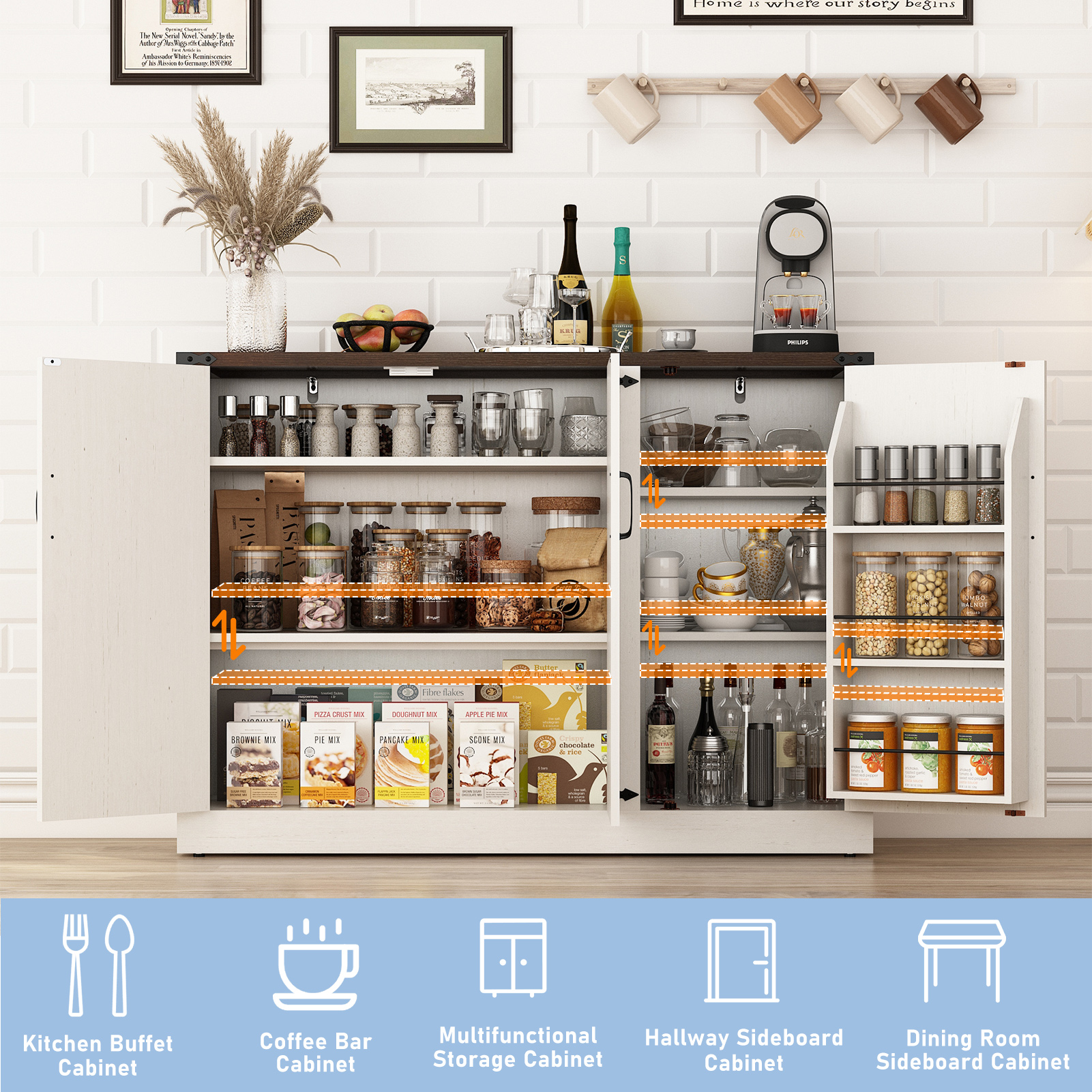 ChVans 47.2" Farmhouse Kitchen Buffet Sideboard Cabinet with 3 Side Shelves, 34"H Kitchen Pantry Cabinet with 3 Barn Doors/4 Adjustable Shelves for Kitchen, Dining Room, Living Room, Brown