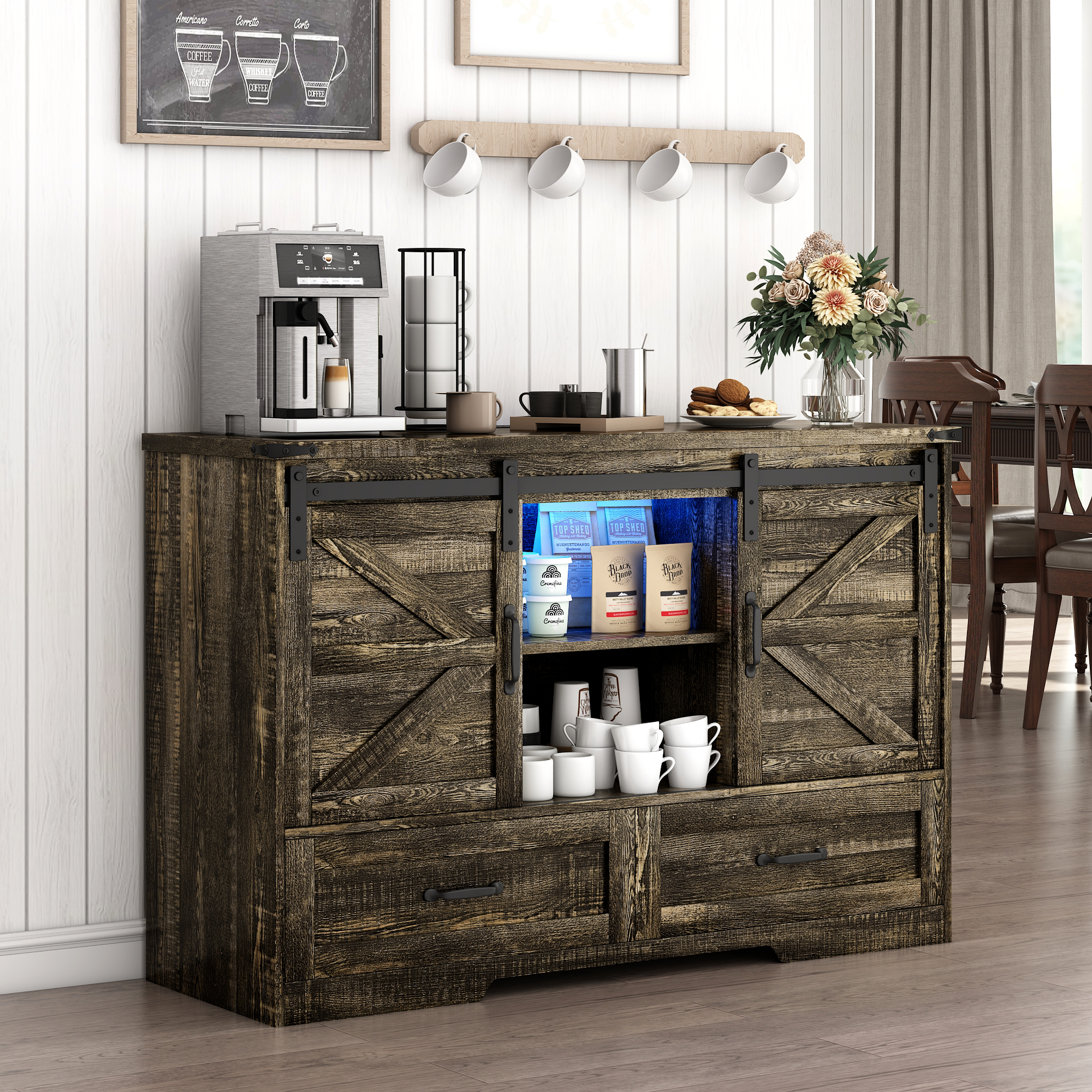 ChVans 47'' Farmhouse Dresser with LED Light & Power Outlet, 2 Drawers, 2 Sliding Doors, 2 Storage layers, Rustic Dresser TV Stand for 60in TV, Wood Storage Cabinet for Bedroom, Living Room, Hallway