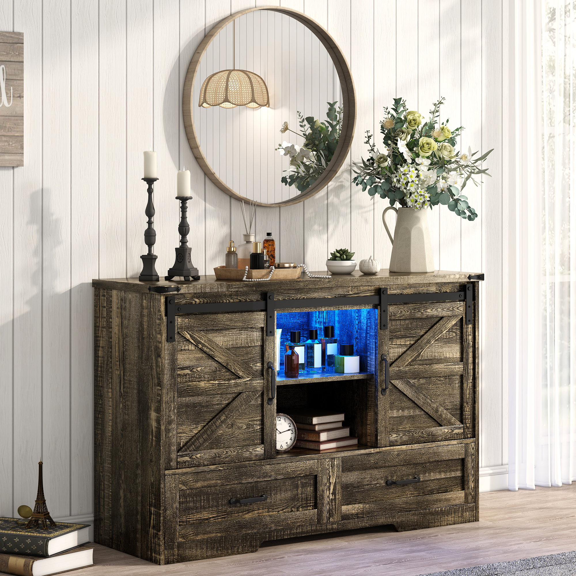 ChVans 47'' Farmhouse Dresser with LED Light & Power Outlet, 2 Drawers, 2 Sliding Doors, 2 Storage layers, Rustic Dresser TV Stand for 60in TV, Wood Storage Cabinet for Bedroom, Living Room, Hallway