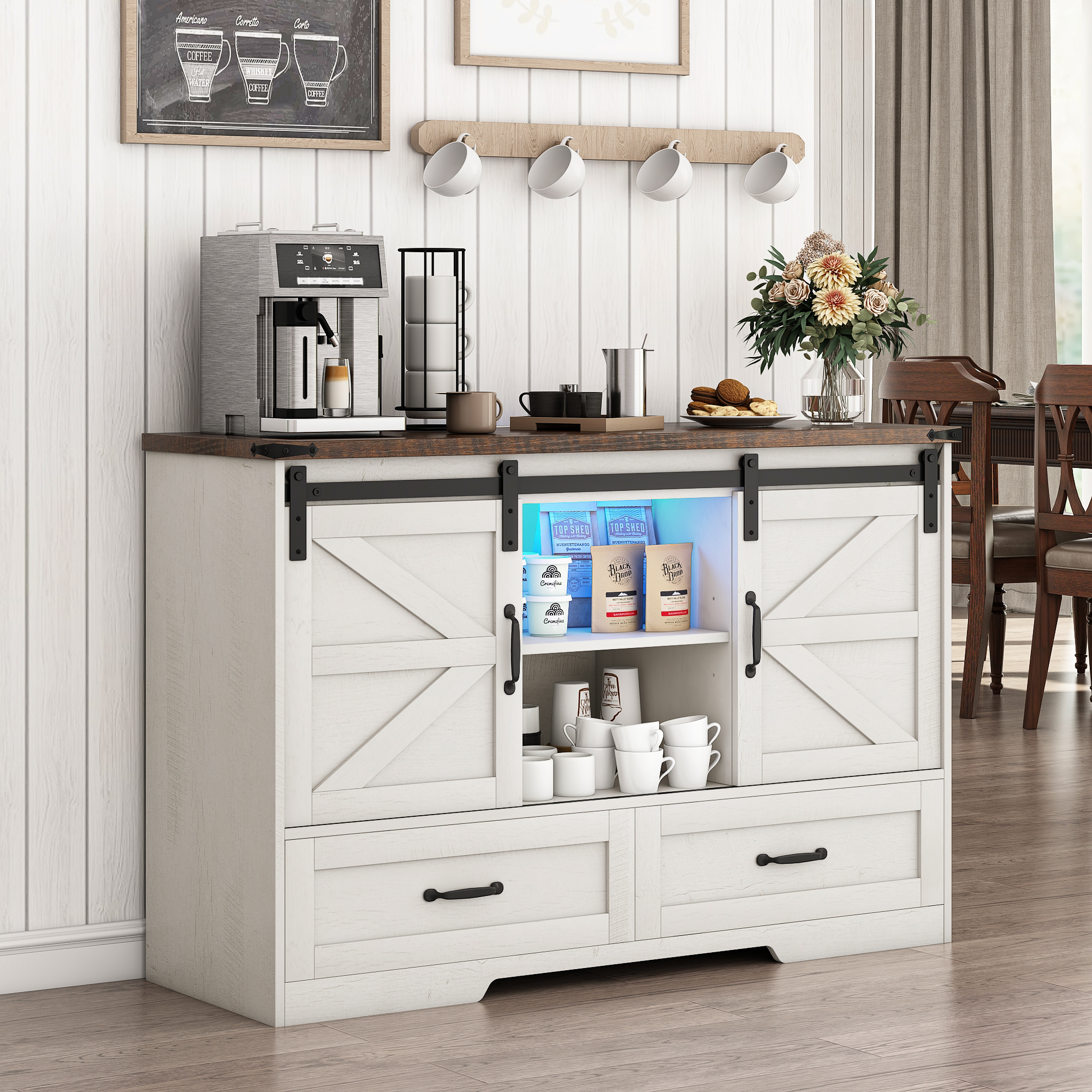 ChVans 47'' Farmhouse Dresser with LED Light & Power Outlet, 2 Drawers, 2 Sliding Doors, 2 Storage layers, Rustic Dresser TV Stand for 60in TV, Wood Storage Cabinet for Bedroom, Living Room, Hallway