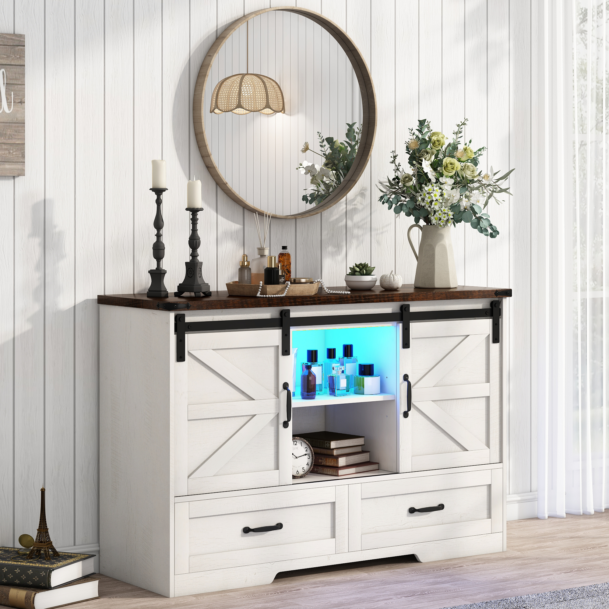 ChVans 47'' Farmhouse Dresser with LED Light & Power Outlet, 2 Drawers, 2 Sliding Doors, 2 Storage layers, Rustic Dresser TV Stand for 60in TV, Wood Storage Cabinet for Bedroom, Living Room, Hallway