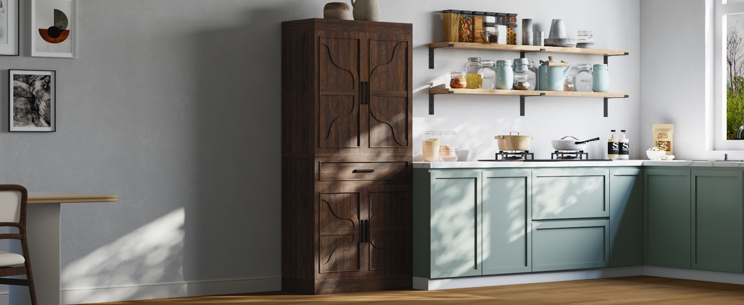 71" Tall Farmhouse Kitchen Pantry Cabinet with 6 Side Shelves & 1 Drawer,6 Layers Pantry Storage Cabinet with 4 Wood Doors for Kitchen, Dining Room, Living Room