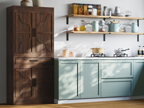 71" Tall Farmhouse Kitchen Pantry Cabinet with 6 Side Shelves & 1 Drawer,6 Layers Pantry Storage Cabinet with 4 Wood Doors for Kitchen, Dining Room, Living Room