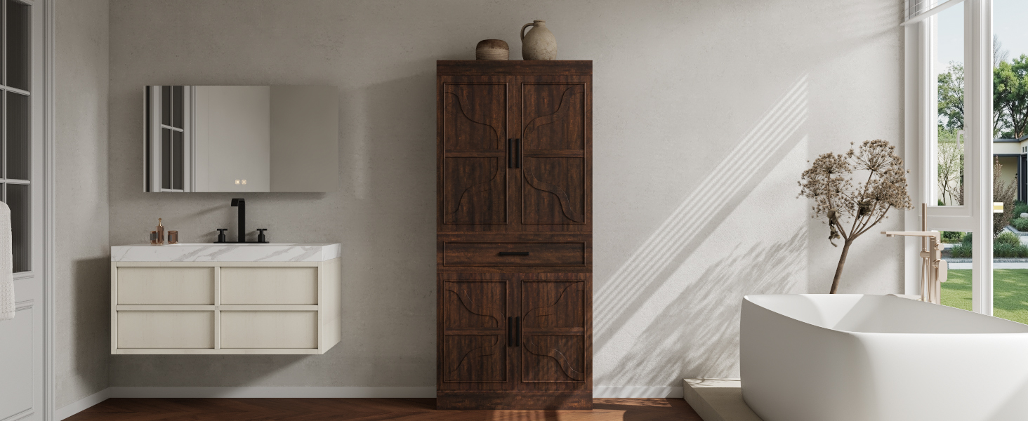 71" Tall Farmhouse Kitchen Pantry Cabinet with 6 Side Shelves & 1 Drawer,6 Layers Pantry Storage Cabinet with 4 Wood Doors for Kitchen, Dining Room, Living Room