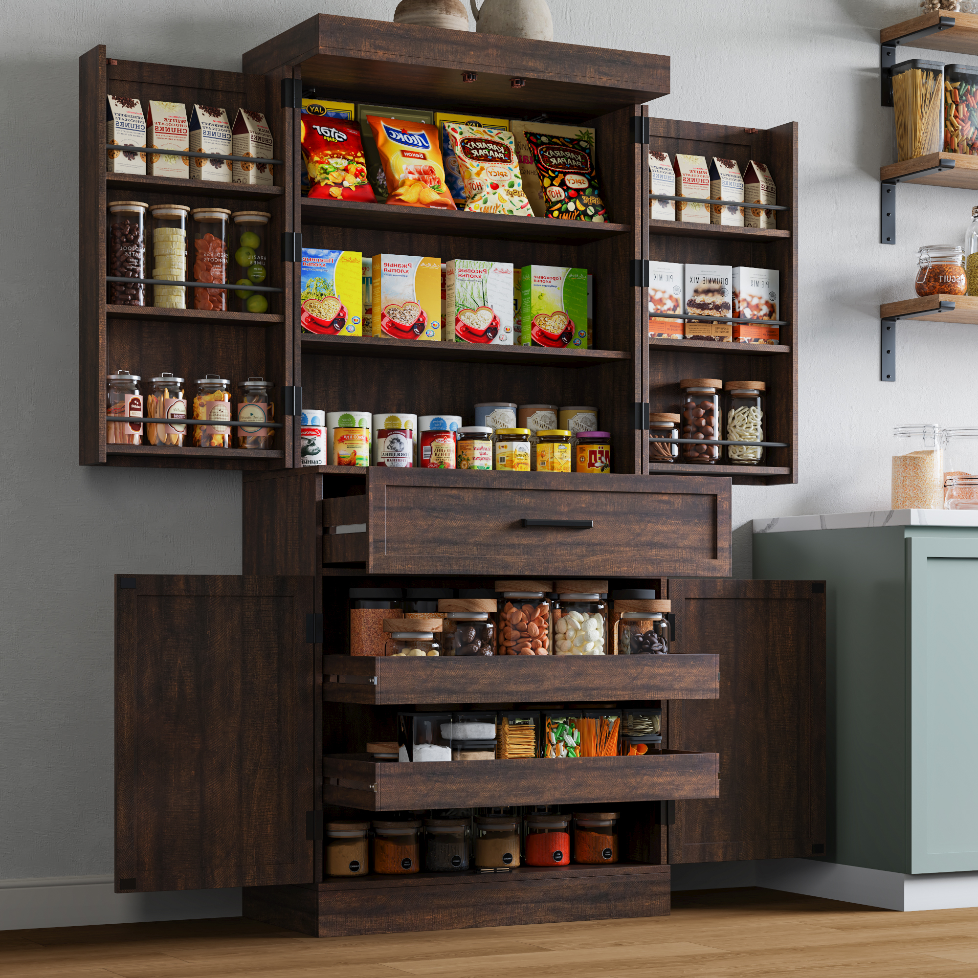 71" Tall Farmhouse Kitchen Pantry Cabinet with 6 Side Shelves & 1 Drawer,6 Layers Pantry Storage Cabinet with 4 Wood Doors for Kitchen, Dining Room, Living Room