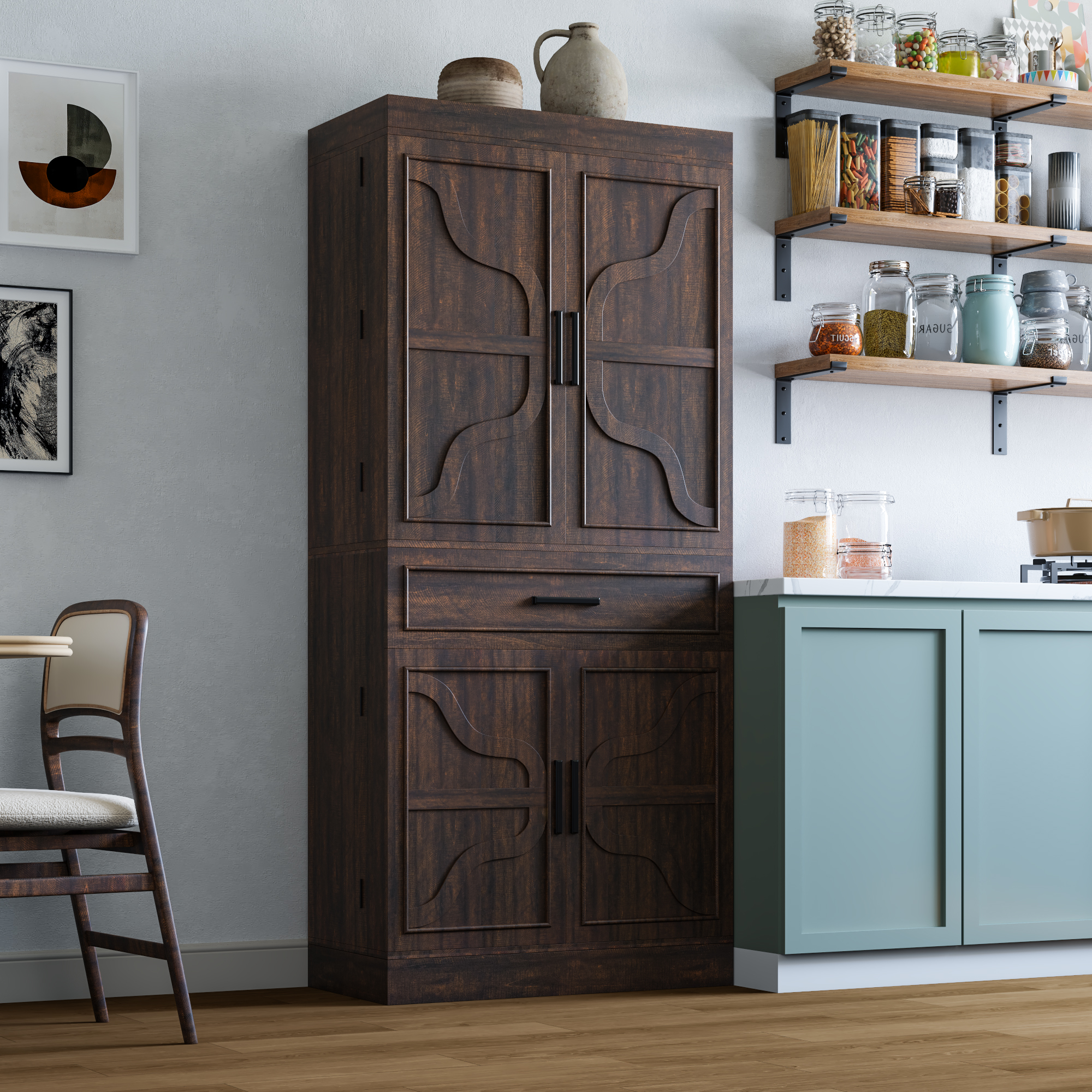 71" Tall Farmhouse Kitchen Pantry Cabinet with 6 Side Shelves & 1 Drawer,6 Layers Pantry Storage Cabinet with 4 Wood Doors for Kitchen, Dining Room, Living Room