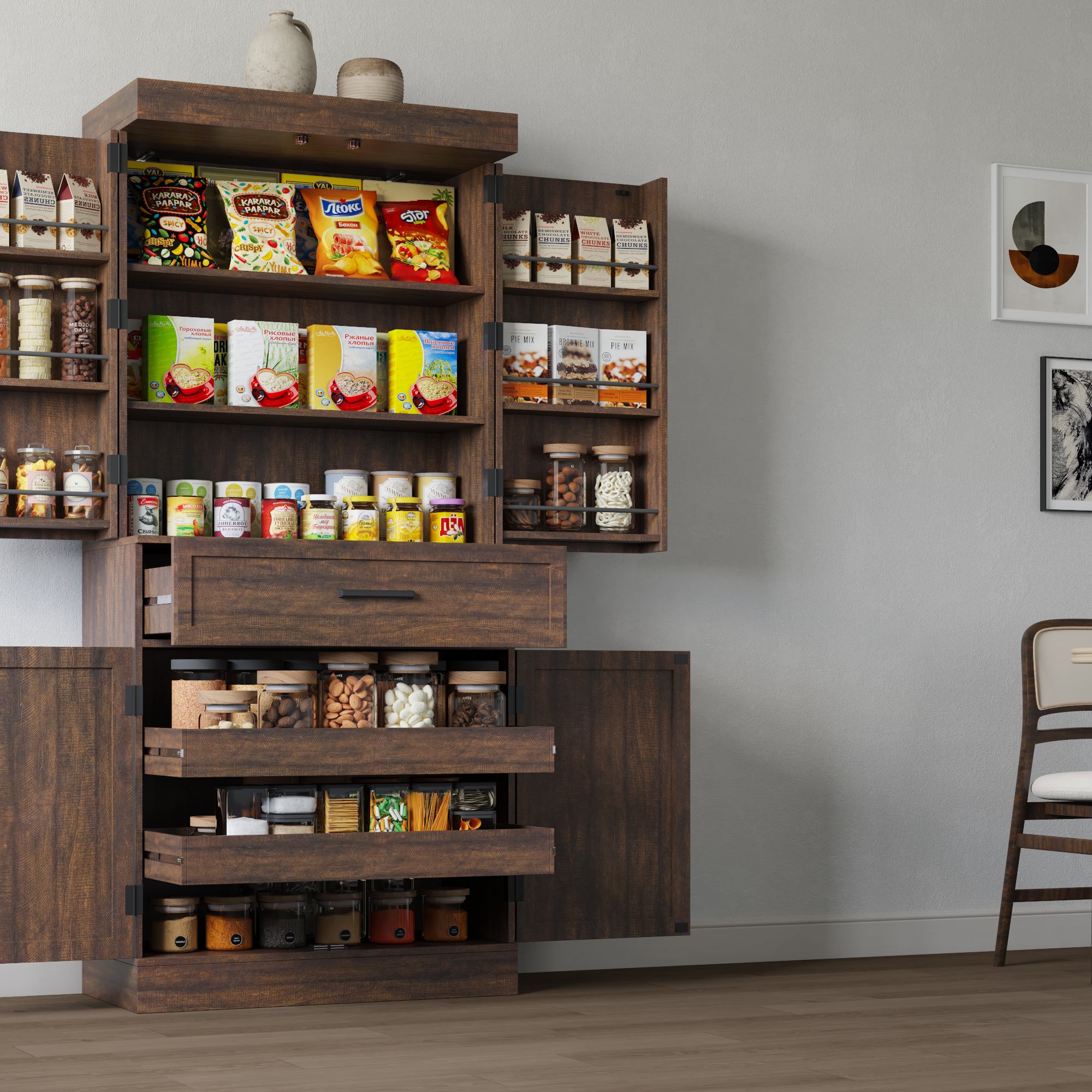 71" Tall Farmhouse Kitchen Pantry Cabinet with 6 Side Shelves & 1 Drawer,6 Layers Pantry Storage Cabinet with 4 Wood Doors for Kitchen, Dining Room, Living Room