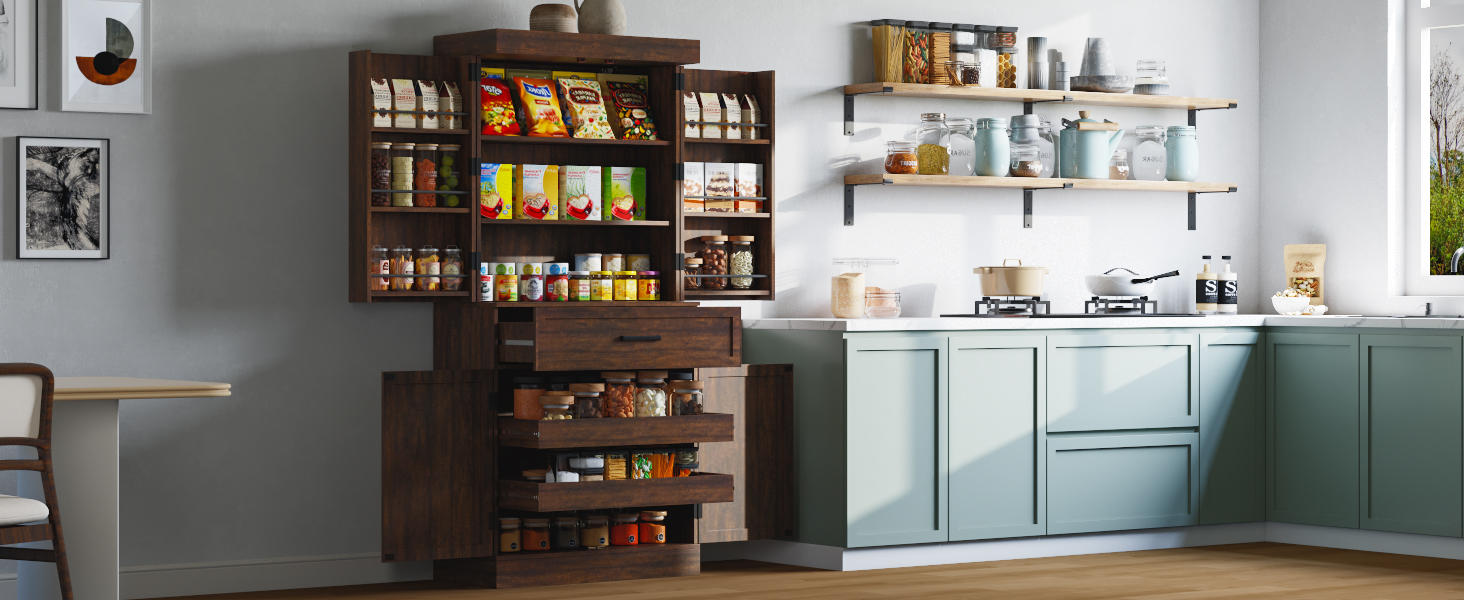 71" Tall Farmhouse Kitchen Pantry Cabinet with 6 Side Shelves & 1 Drawer,6 Layers Pantry Storage Cabinet with 4 Wood Doors for Kitchen, Dining Room, Living Room