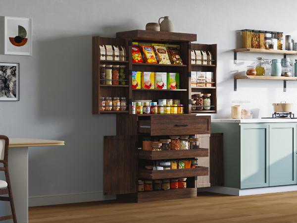 71" Tall Farmhouse Kitchen Pantry Cabinet with 6 Side Shelves & 1 Drawer,6 Layers Pantry Storage Cabinet with 4 Wood Doors for Kitchen, Dining Room, Living Room