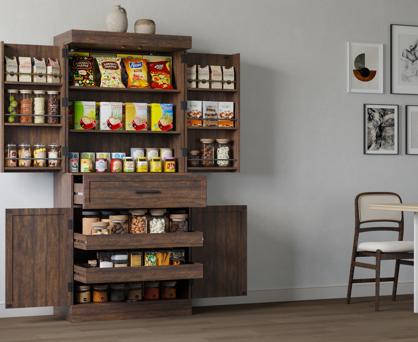 71" Tall Farmhouse Kitchen Pantry Cabinet with 6 Side Shelves & 1 Drawer,6 Layers Pantry Storage Cabinet with 4 Wood Doors for Kitchen, Dining Room, Living Room