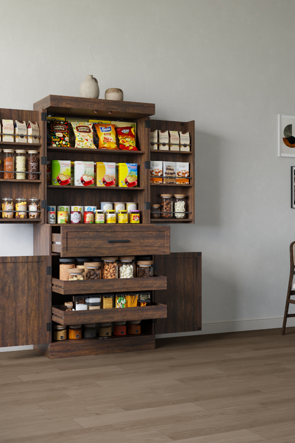71" Tall Farmhouse Kitchen Pantry Cabinet with 6 Side Shelves & 1 Drawer,6 Layers Pantry Storage Cabinet with 4 Wood Doors for Kitchen, Dining Room, Living Room