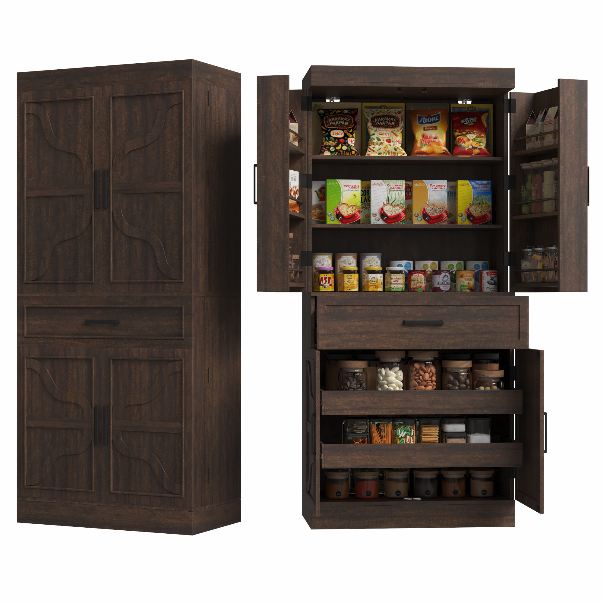 71" Tall Farmhouse Kitchen Pantry Cabinet with 6 Side Shelves & 1 Drawer,6 Layers Pantry Storage Cabinet with 4 Wood Doors for Kitchen, Dining Room, Living Room