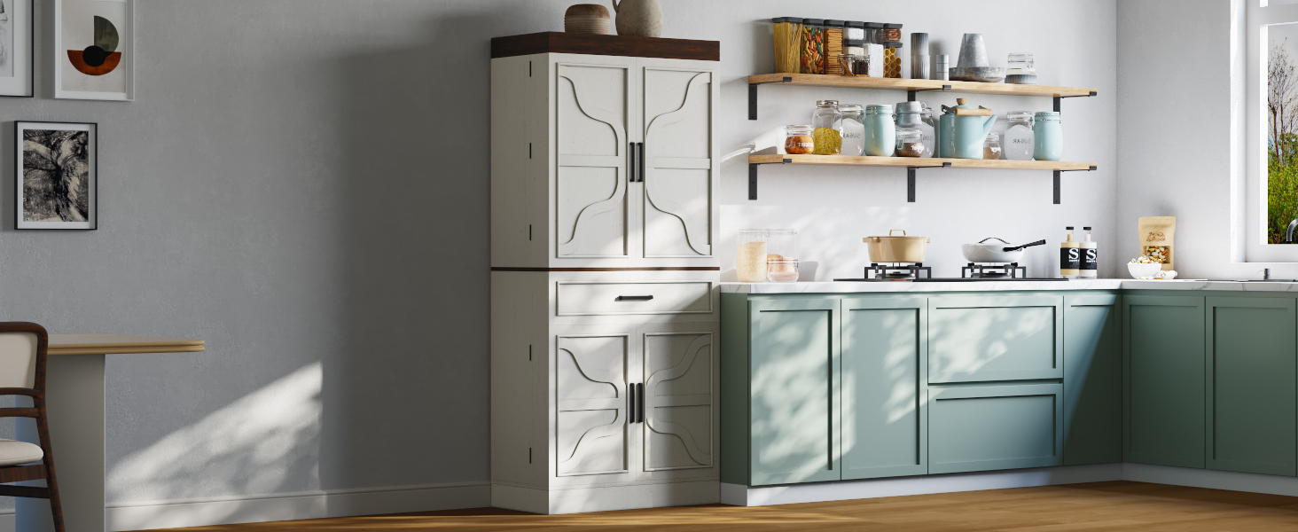 71" Tall Farmhouse Kitchen Pantry Cabinet with 6 Side Shelves & 1 Drawer,6 Layers Pantry Storage Cabinet with 4 Wood Doors for Kitchen, Dining Room, Living Room