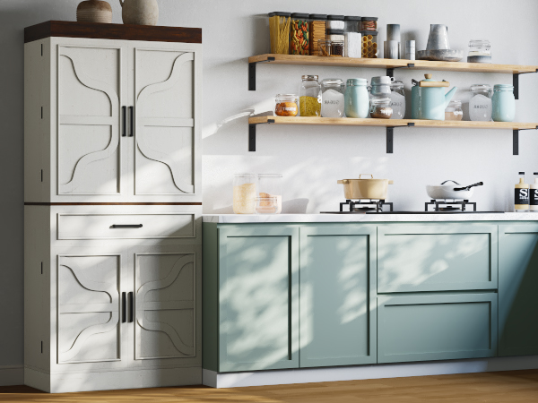 71" Tall Farmhouse Kitchen Pantry Cabinet with 6 Side Shelves & 1 Drawer,6 Layers Pantry Storage Cabinet with 4 Wood Doors for Kitchen, Dining Room, Living Room