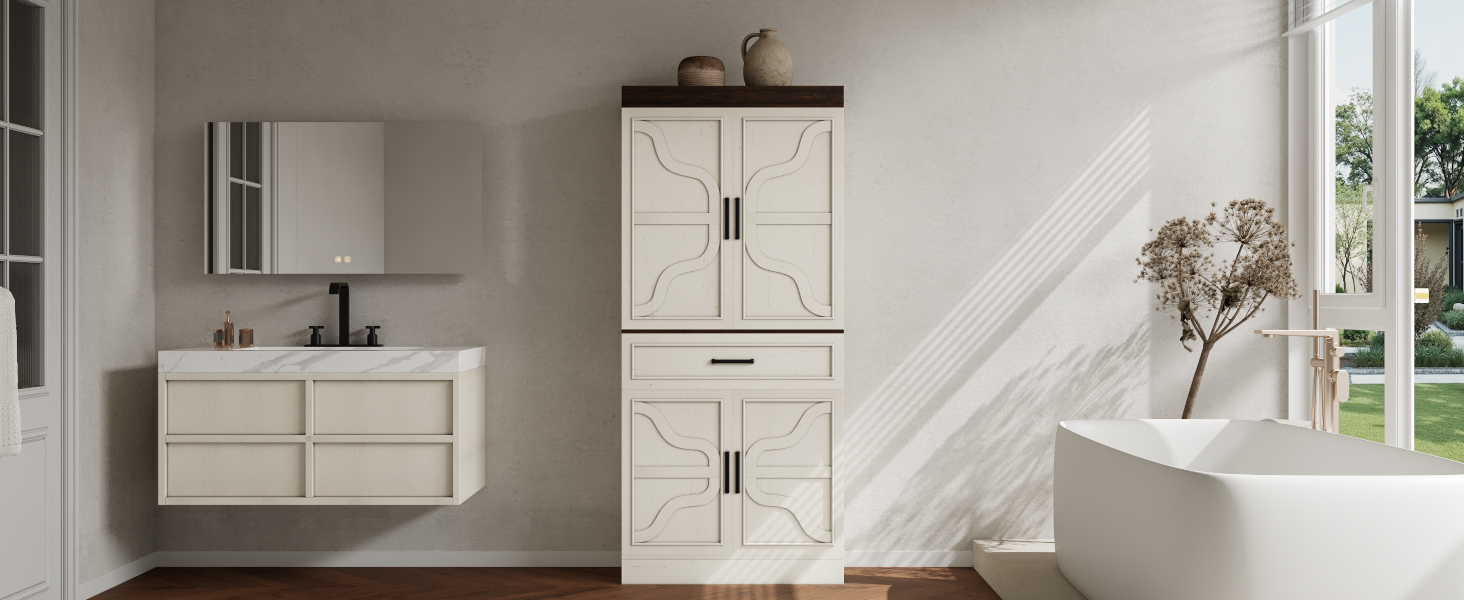 71" Tall Farmhouse Kitchen Pantry Cabinet with 6 Side Shelves & 1 Drawer,6 Layers Pantry Storage Cabinet with 4 Wood Doors for Kitchen, Dining Room, Living Room