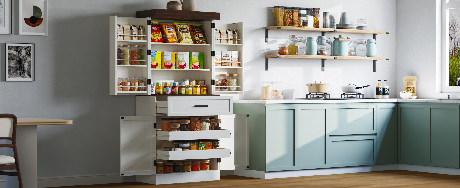 71" Tall Farmhouse Kitchen Pantry Cabinet with 6 Side Shelves & 1 Drawer,6 Layers Pantry Storage Cabinet with 4 Wood Doors for Kitchen, Dining Room, Living Room