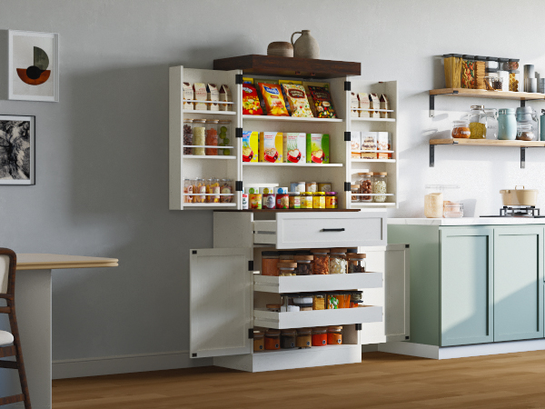 71" Tall Farmhouse Kitchen Pantry Cabinet with 6 Side Shelves & 1 Drawer,6 Layers Pantry Storage Cabinet with 4 Wood Doors for Kitchen, Dining Room, Living Room