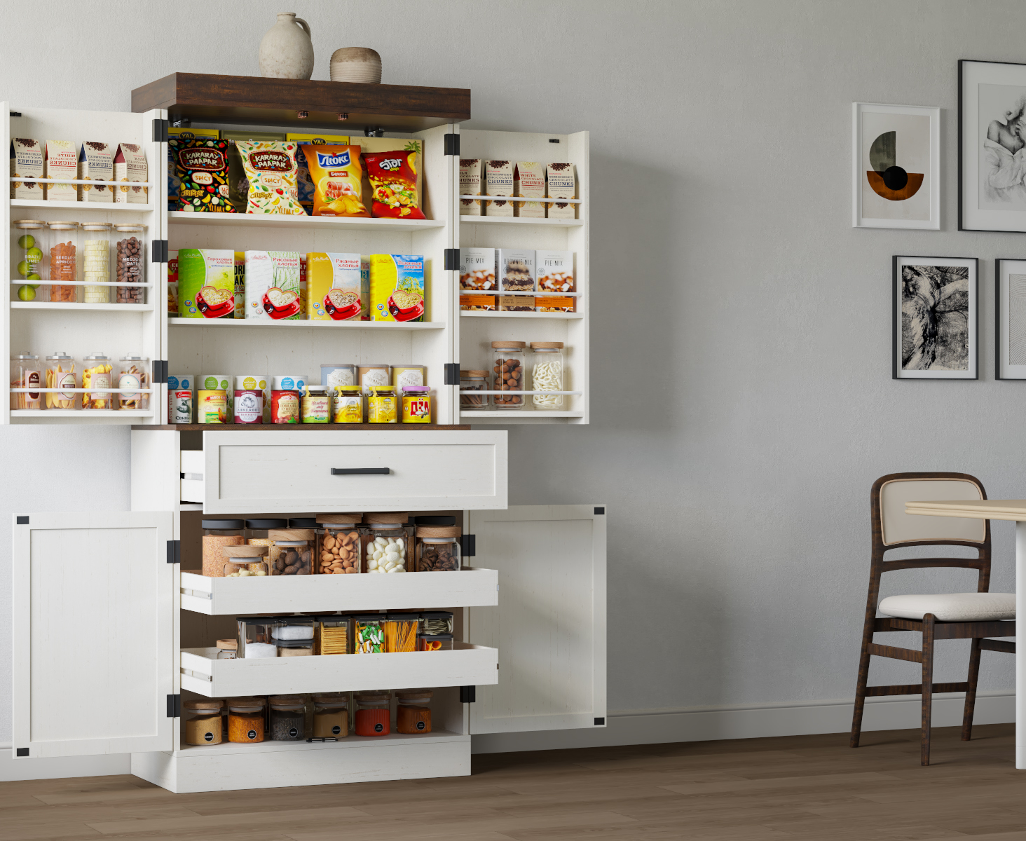 71" Tall Farmhouse Kitchen Pantry Cabinet with 6 Side Shelves & 1 Drawer,6 Layers Pantry Storage Cabinet with 4 Wood Doors for Kitchen, Dining Room, Living Room
