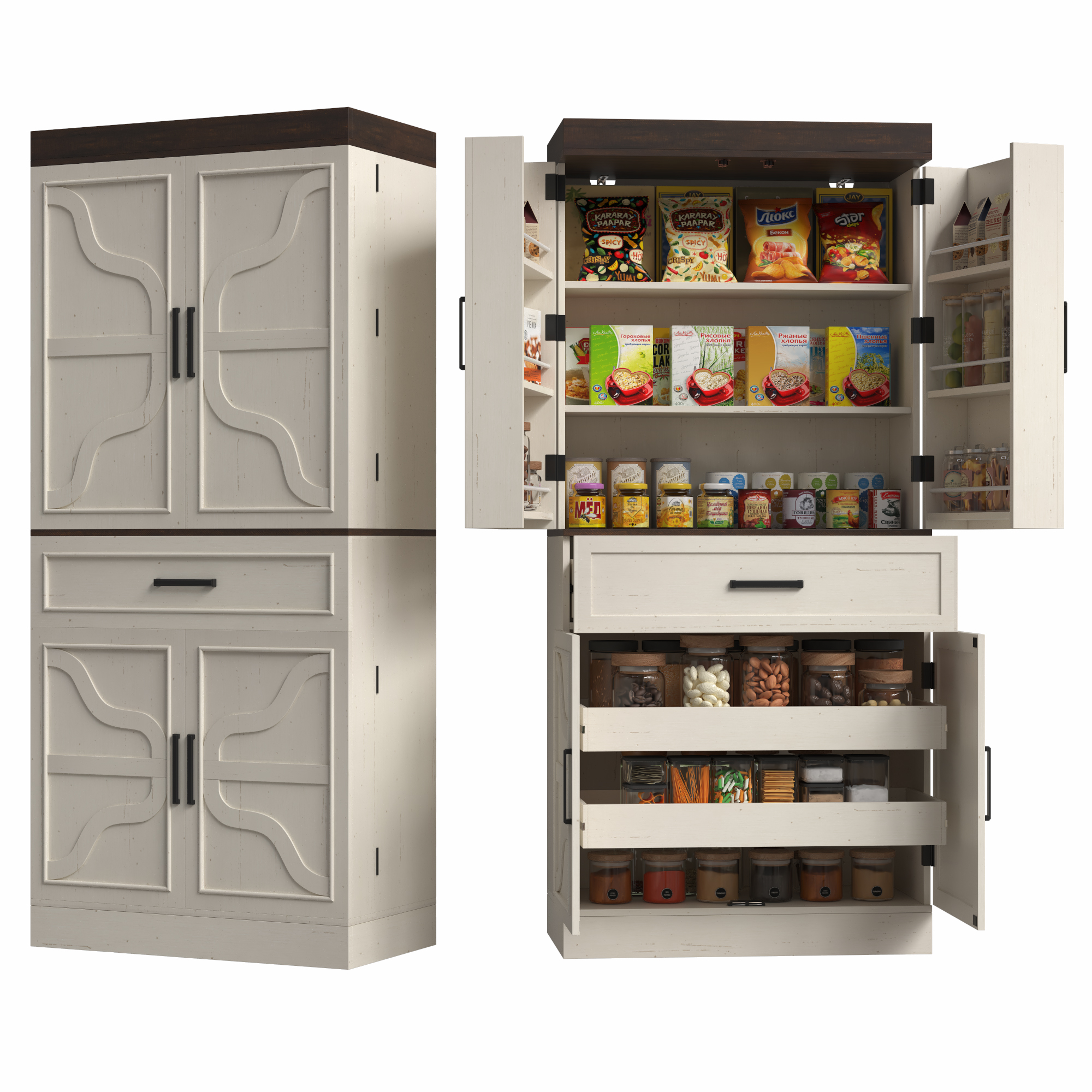 71" Tall Farmhouse Kitchen Pantry Cabinet with 6 Side Shelves & 1 Drawer,6 Layers Pantry Storage Cabinet with 4 Wood Doors for Kitchen, Dining Room, Living Room