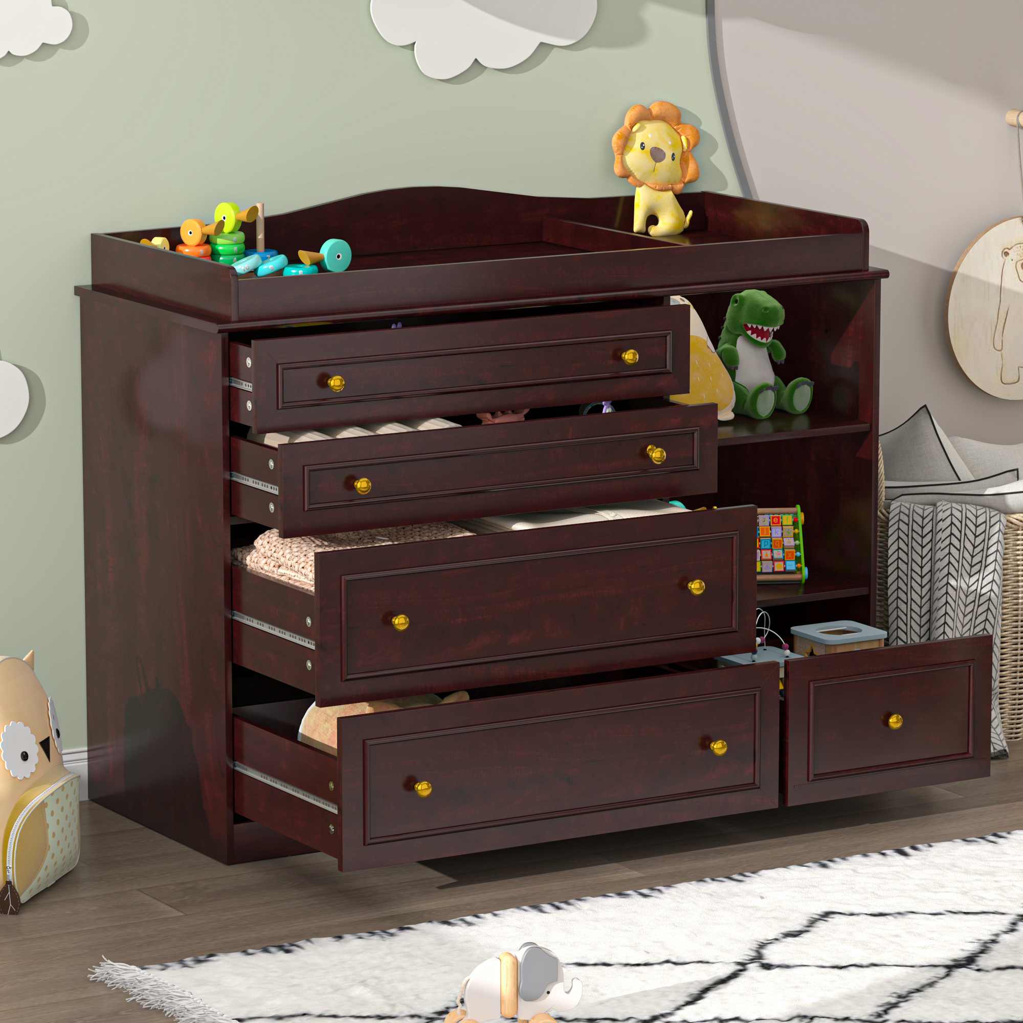 ChVans Changing Table Dresser, Baby Classic Nursery Dresser with 5 Drawers and 2 Shelves, Wood Chest of Drawers Nursery Storage Kids Organizer