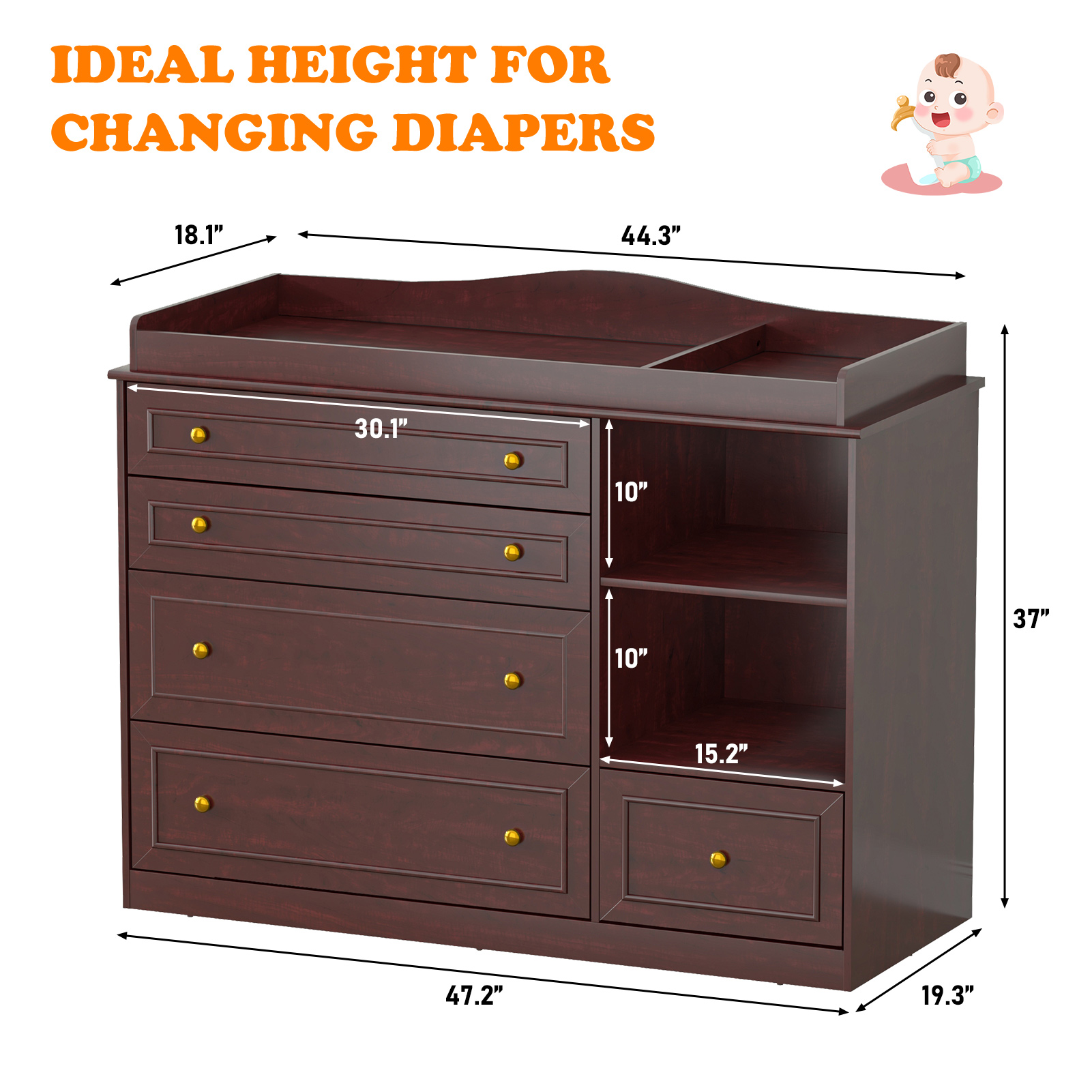ChVans Changing Table Dresser, Baby Classic Nursery Dresser with 5 Drawers and 2 Shelves, Wood Chest of Drawers Nursery Storage Kids Organizer