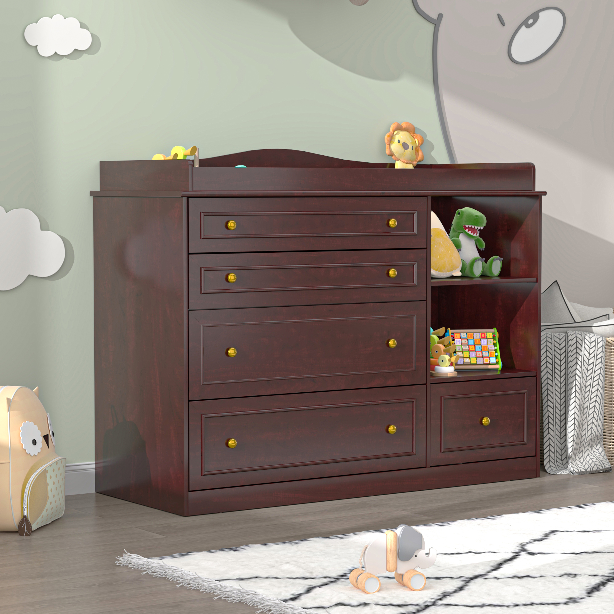 ChVans Changing Table Dresser, Baby Classic Nursery Dresser with 5 Drawers and 2 Shelves, Wood Chest of Drawers Nursery Storage Kids Organizer
