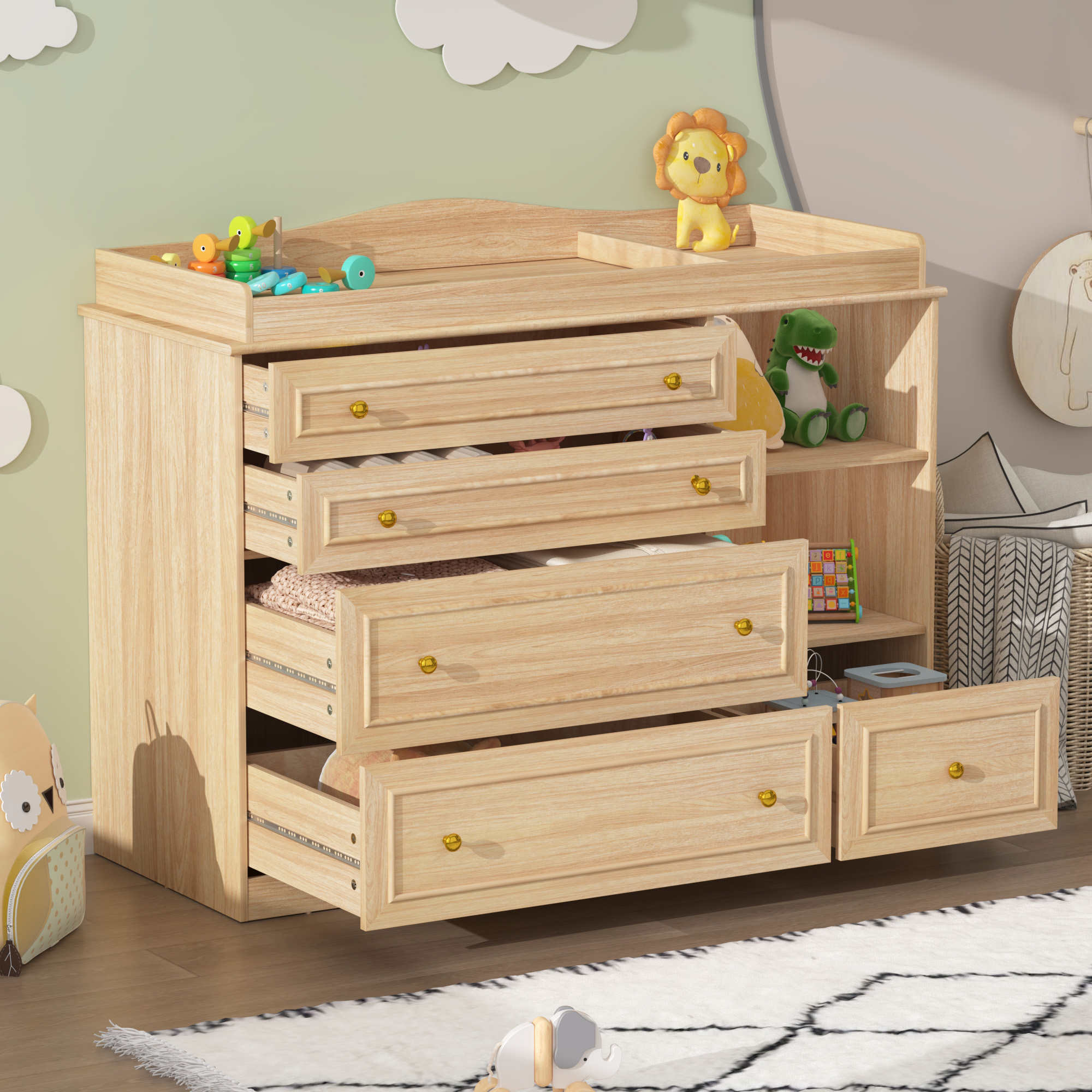 ChVans Changing Table Dresser, Baby Classic Nursery Dresser with 5 Drawers and 2 Shelves, Wood Chest of Drawers Nursery Storage Kids Organizer