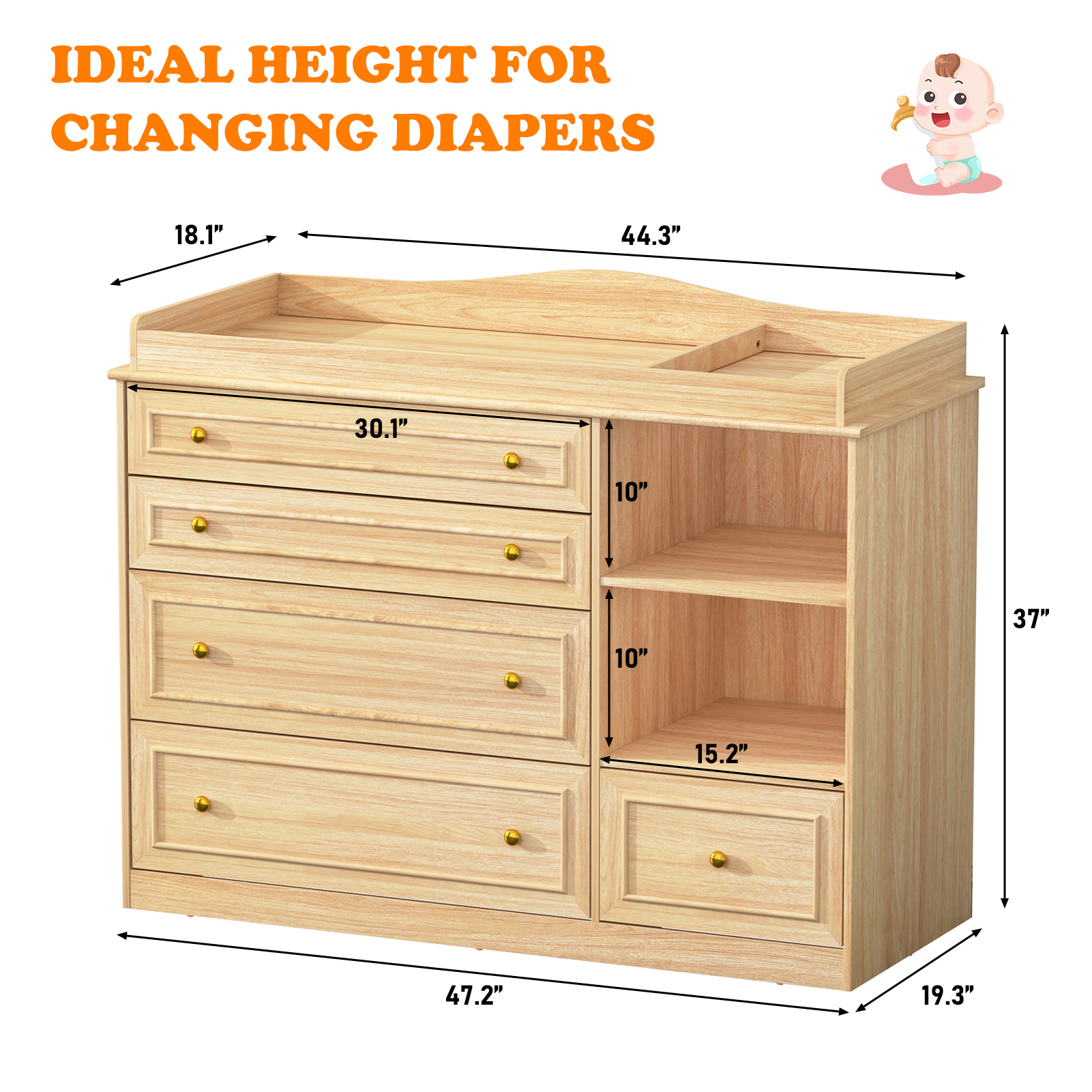 ChVans Changing Table Dresser, Baby Classic Nursery Dresser with 5 Drawers and 2 Shelves, Wood Chest of Drawers Nursery Storage Kids Organizer