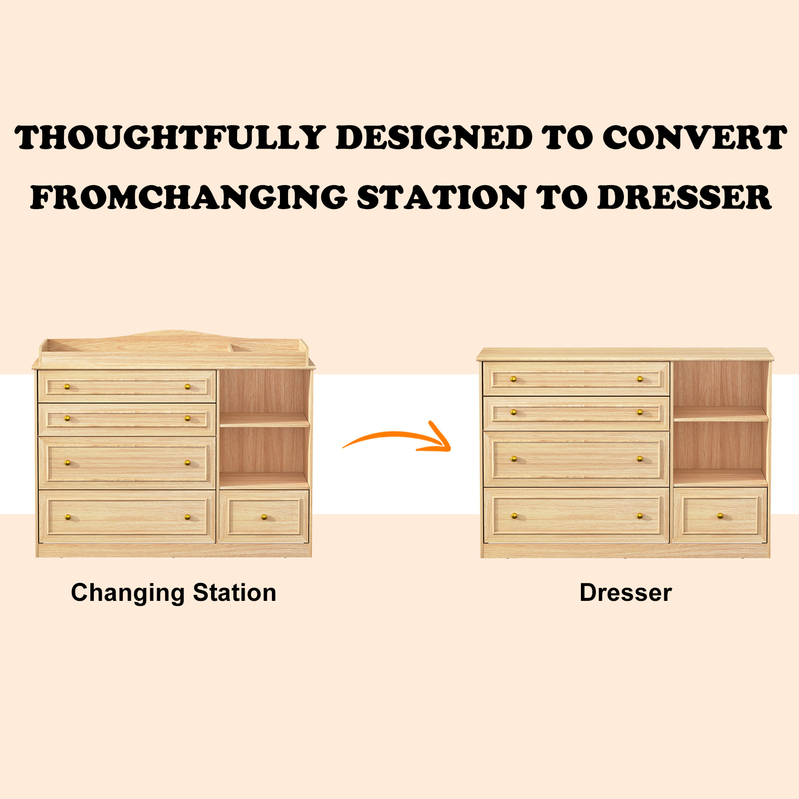 ChVans Changing Table Dresser, Baby Classic Nursery Dresser with 5 Drawers and 2 Shelves, Wood Chest of Drawers Nursery Storage Kids Organizer