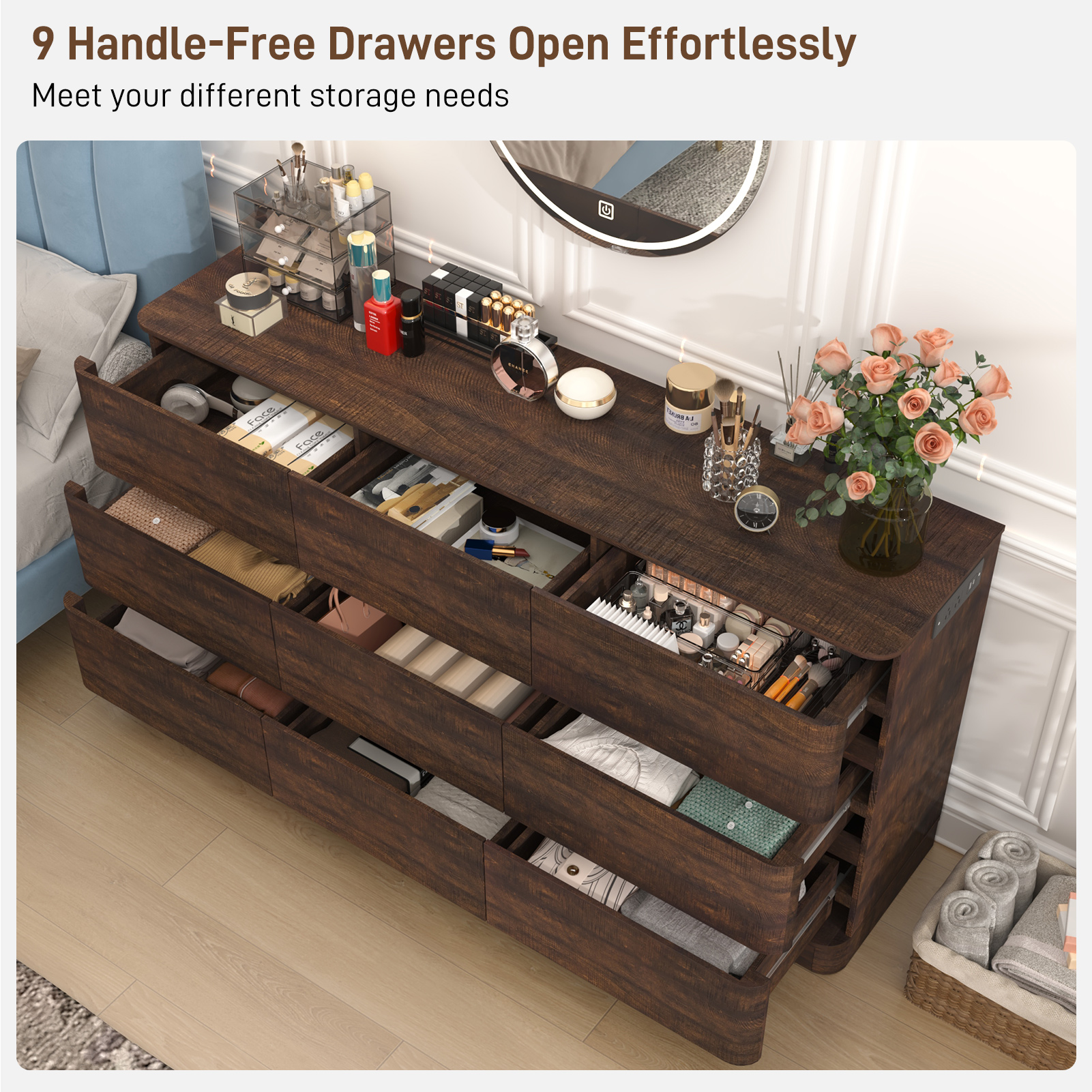 Modern 9 Drawers Dresser for Bedroom, 63'' Wide Handleless Chest of Drawers w/Power Outlet, Curved Profile Design, Wooden Dresser TV Stand with Organizer Storage for Living Room, Entryway