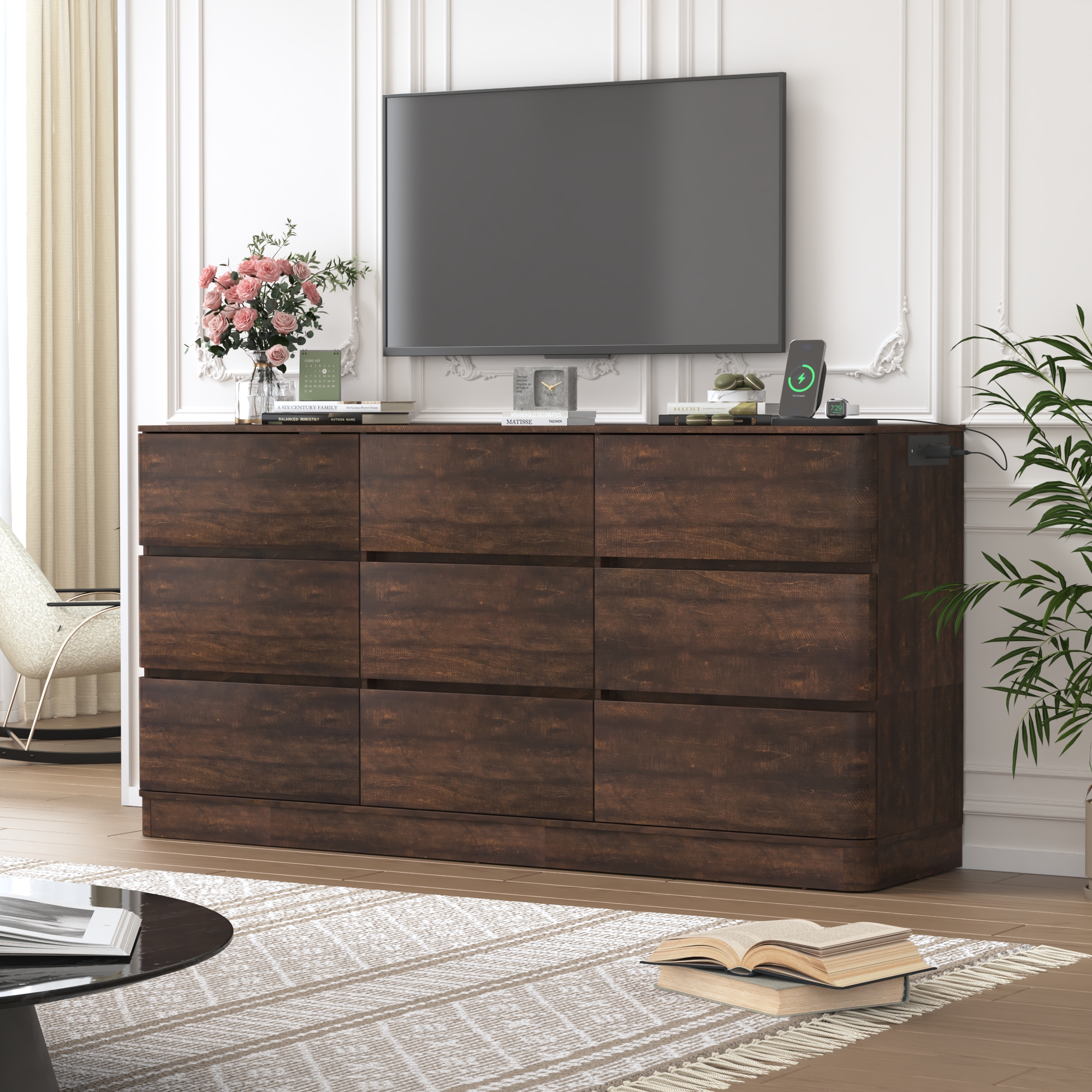 Modern 9 Drawers Dresser for Bedroom, 63'' Wide Handleless Chest of Drawers w/Power Outlet, Curved Profile Design, Wooden Dresser TV Stand with Organizer Storage for Living Room, Entryway