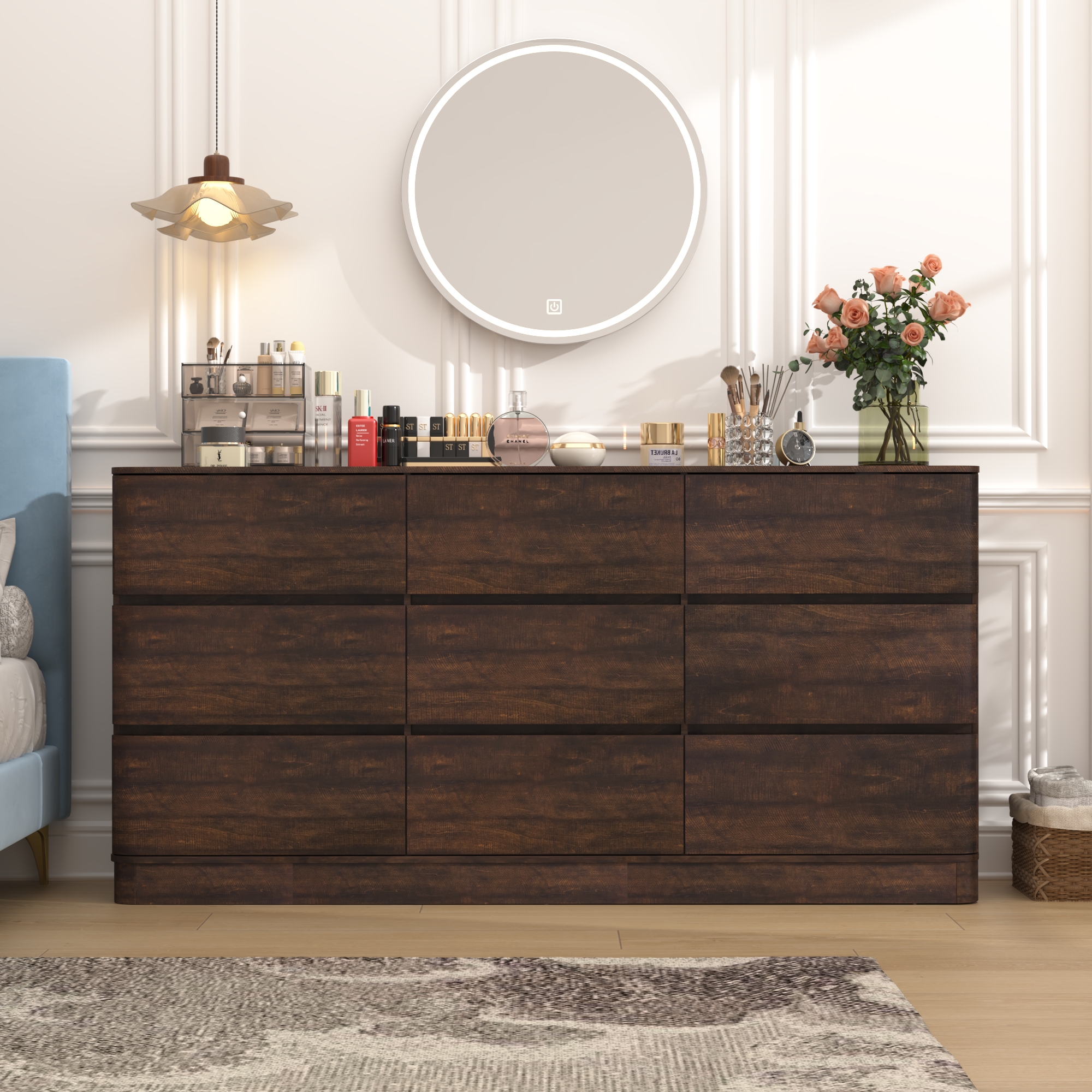 Modern 9 Drawers Dresser for Bedroom, 63'' Wide Handleless Chest of Drawers w/Power Outlet, Curved Profile Design, Wooden Dresser TV Stand with Organizer Storage for Living Room, Entryway