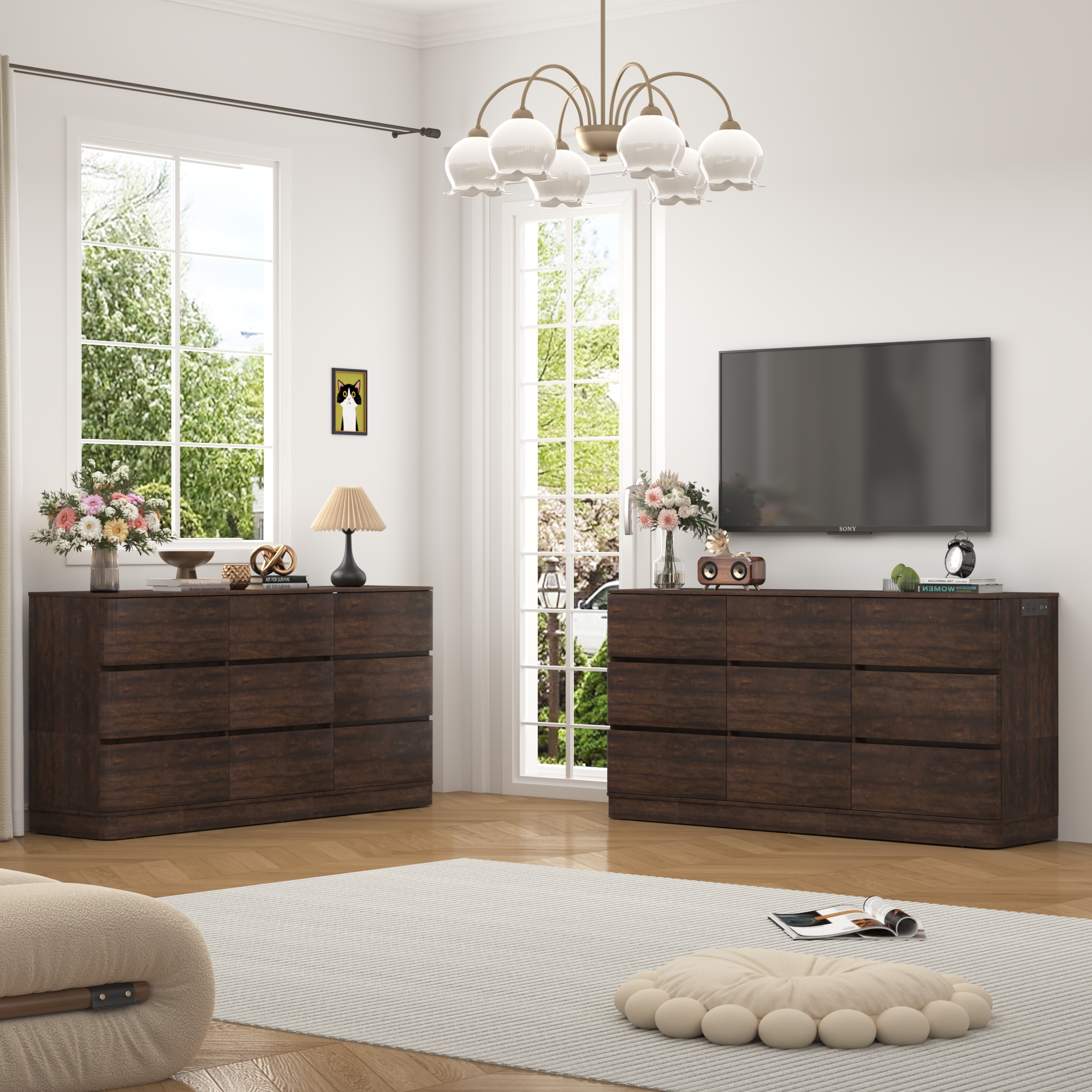 Modern 9 Drawers Dresser for Bedroom, 63'' Wide Handleless Chest of Drawers w/Power Outlet, Curved Profile Design, Wooden Dresser TV Stand with Organizer Storage for Living Room, Entryway