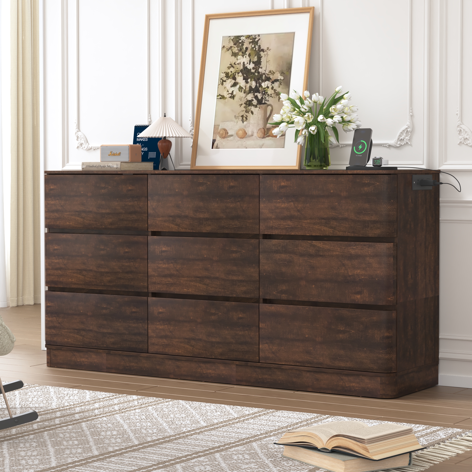 Modern 9 Drawers Dresser for Bedroom, 63'' Wide Handleless Chest of Drawers w/Power Outlet, Curved Profile Design, Wooden Dresser TV Stand with Organizer Storage for Living Room, Entryway