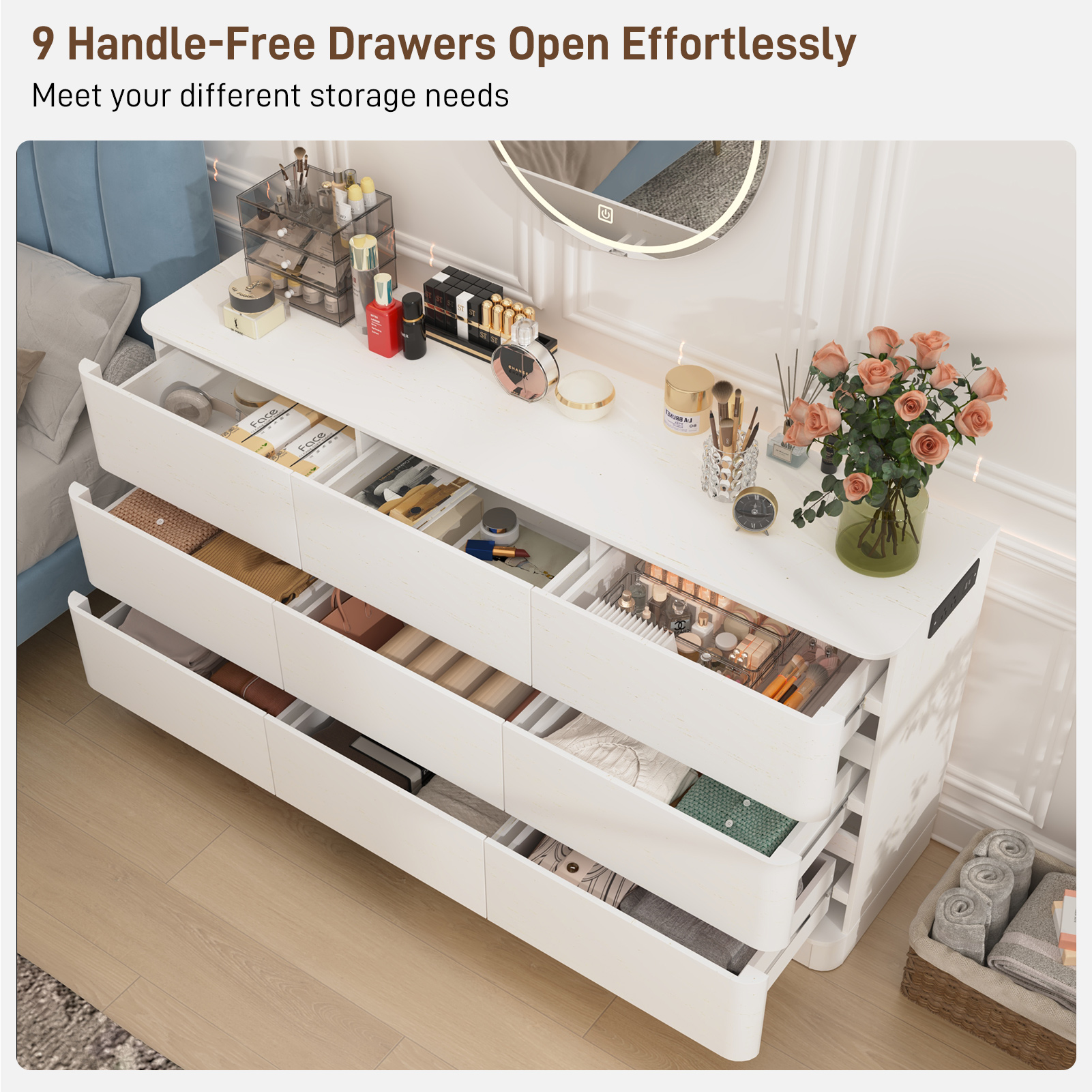 Modern 9 Drawers Dresser for Bedroom, 63'' Wide Handleless Chest of Drawers w/Power Outlet, Curved Profile Design, Wooden Dresser TV Stand with Organizer Storage for Living Room, Entryway