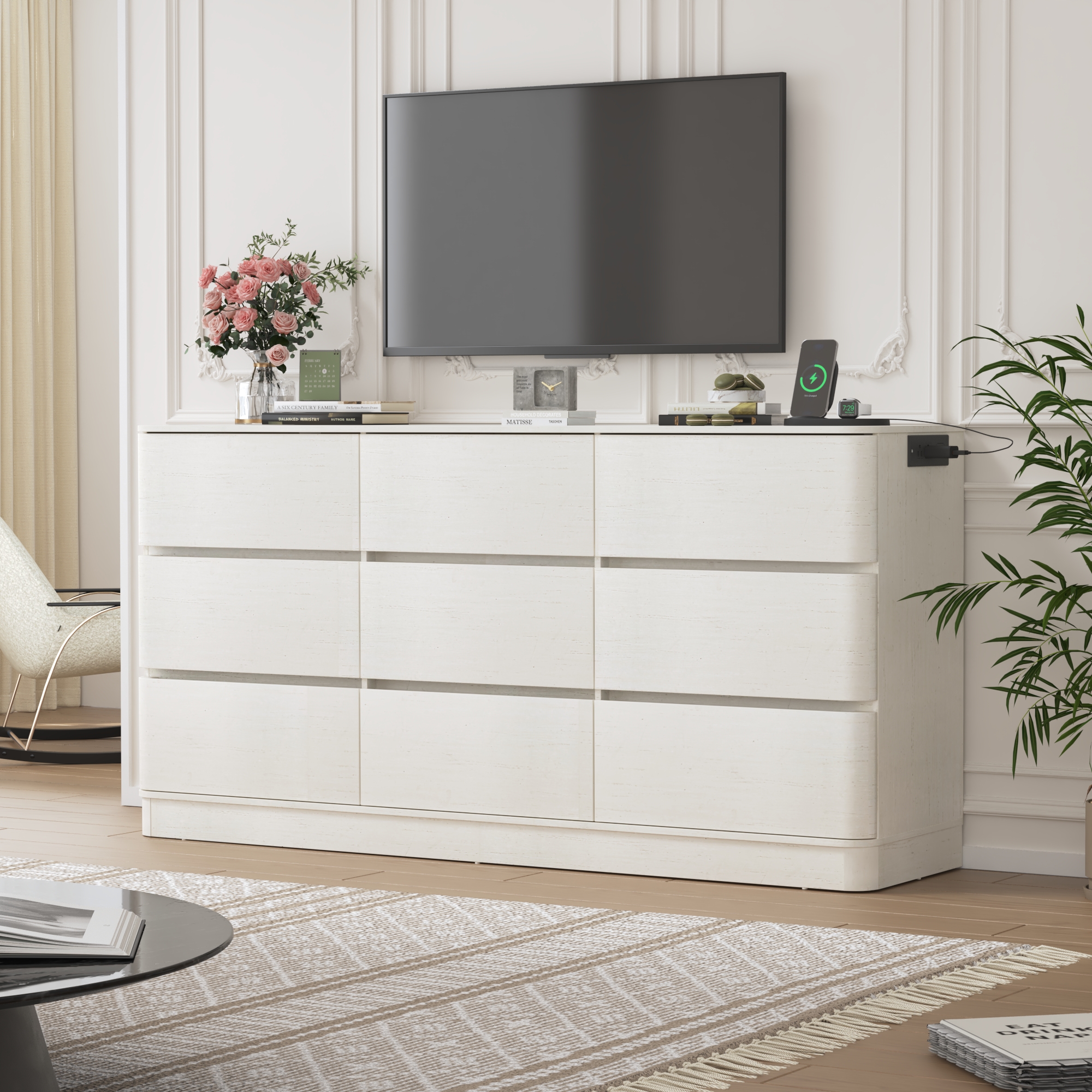 Modern 9 Drawers Dresser for Bedroom, 63'' Wide Handleless Chest of Drawers w/Power Outlet, Curved Profile Design, Wooden Dresser TV Stand with Organizer Storage for Living Room, Entryway