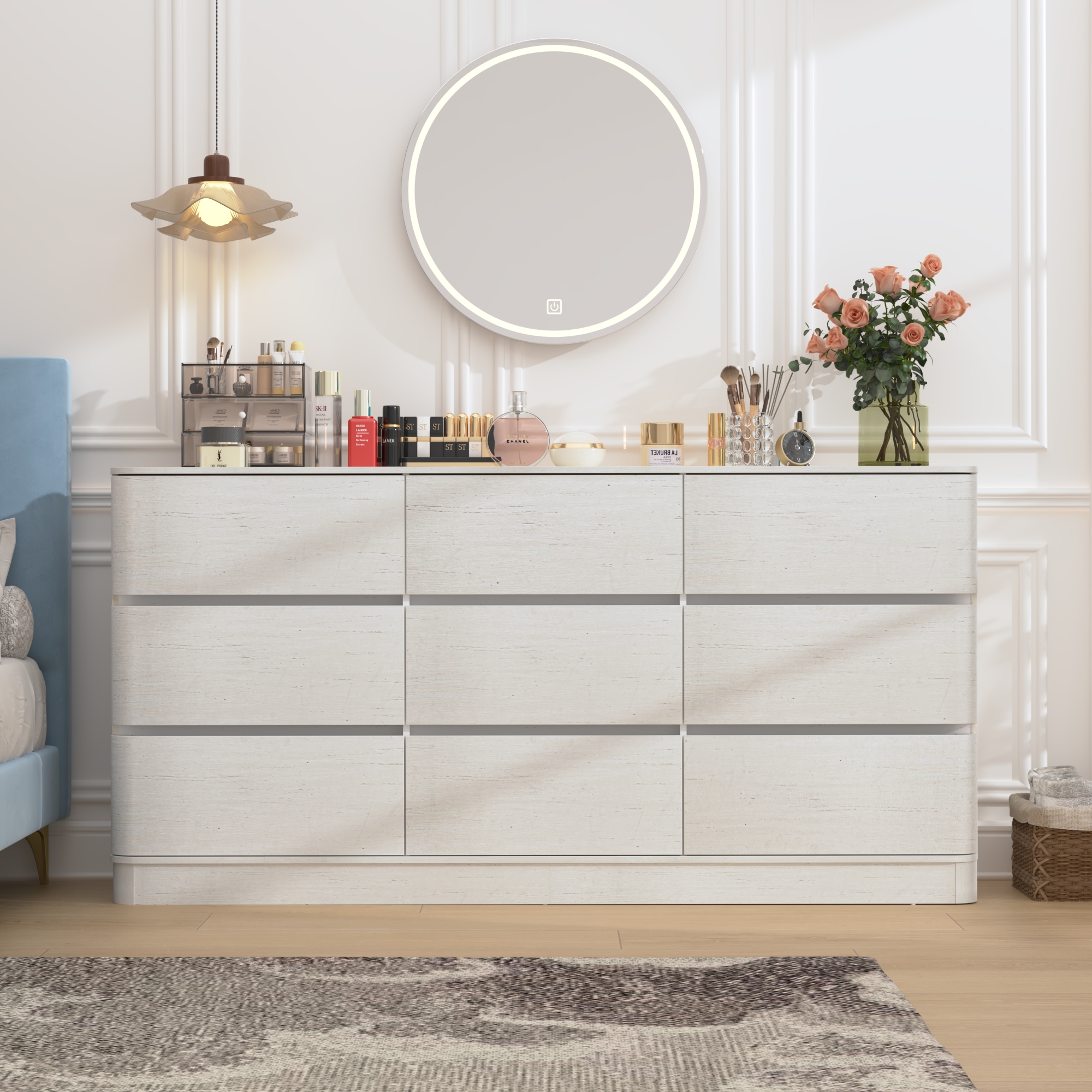 Modern 9 Drawers Dresser for Bedroom, 63'' Wide Handleless Chest of Drawers w/Power Outlet, Curved Profile Design, Wooden Dresser TV Stand with Organizer Storage for Living Room, Entryway