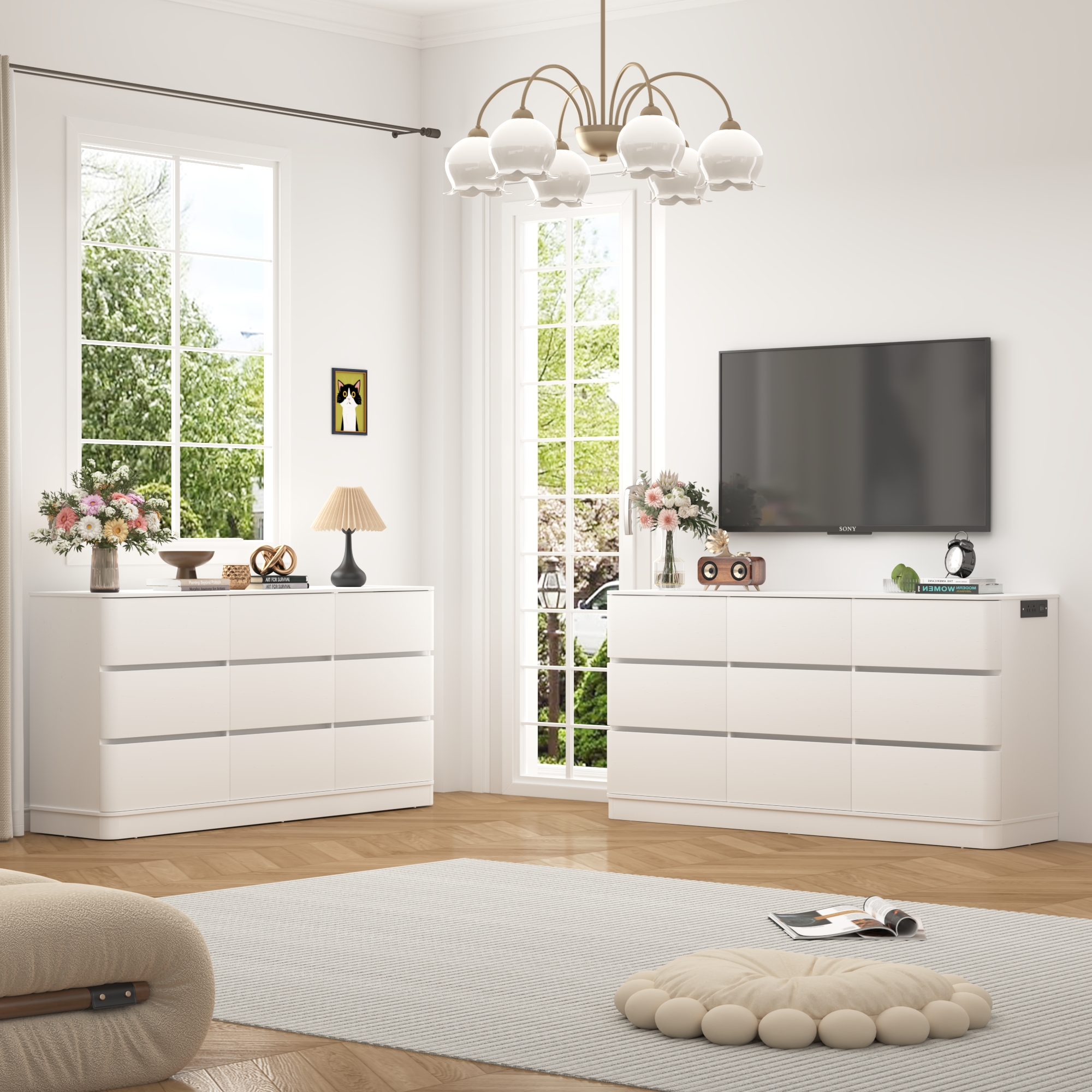 Modern 9 Drawers Dresser for Bedroom, 63'' Wide Handleless Chest of Drawers w/Power Outlet, Curved Profile Design, Wooden Dresser TV Stand with Organizer Storage for Living Room, Entryway