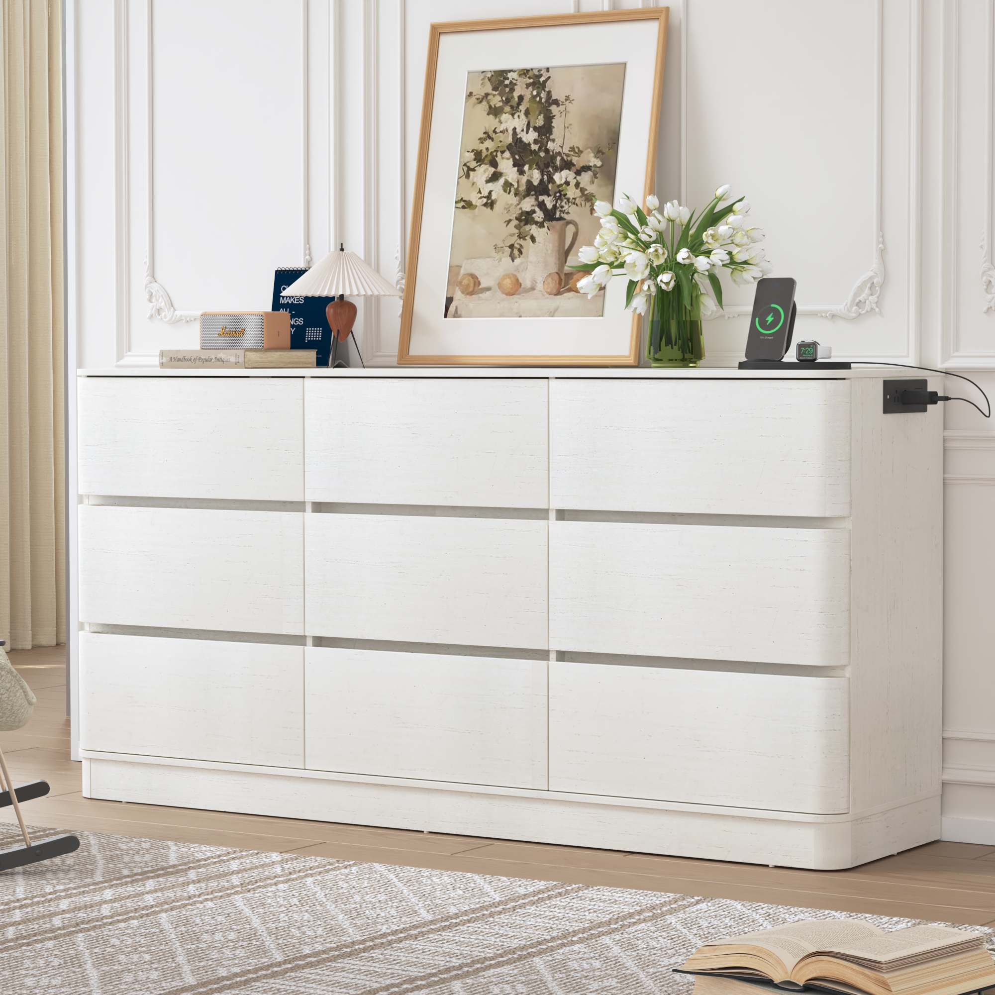 Modern 9 Drawers Dresser for Bedroom, 63'' Wide Handleless Chest of Drawers w/Power Outlet, Curved Profile Design, Wooden Dresser TV Stand with Organizer Storage for Living Room, Entryway