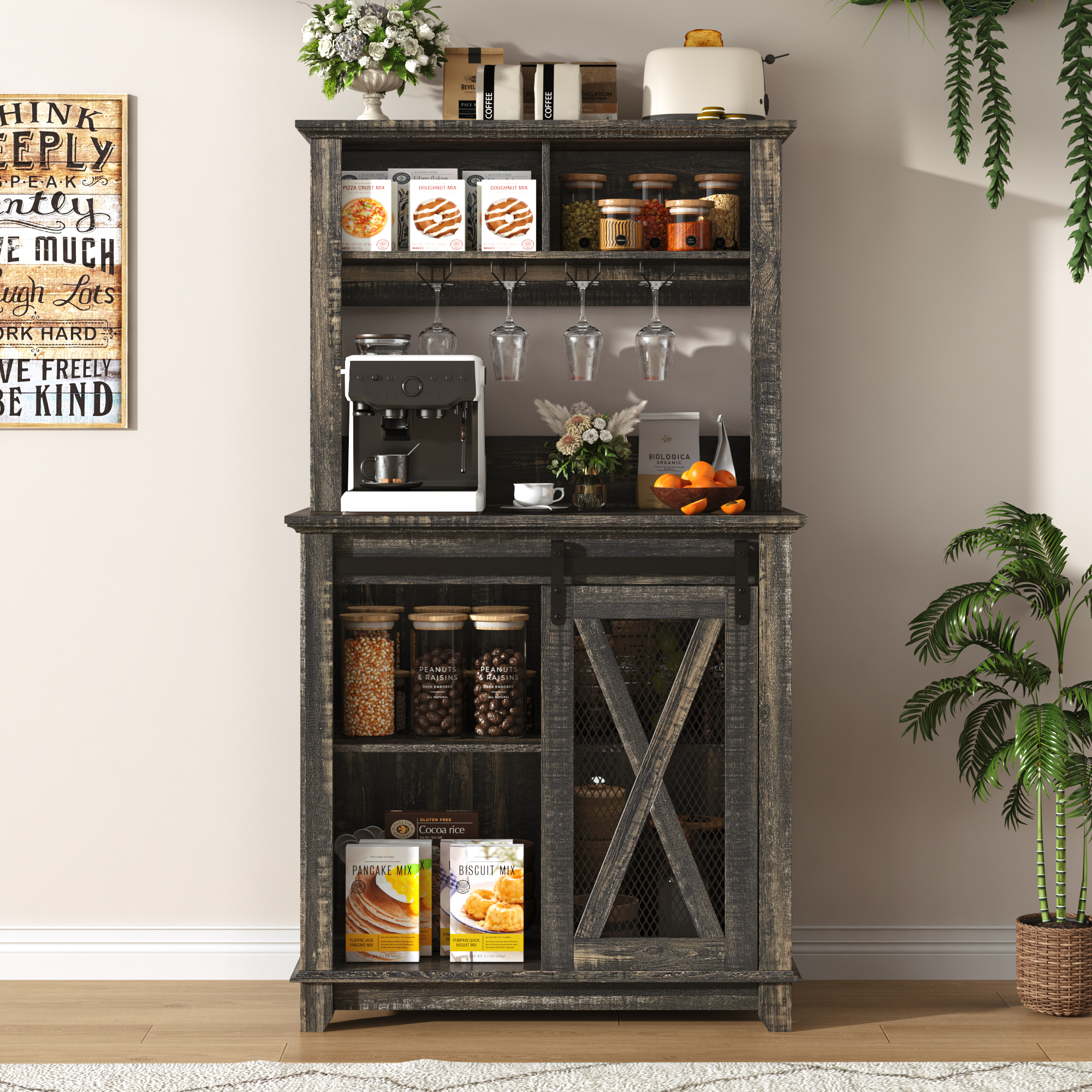 ANPOO 31.5"W Farmhouse Coffee Bar Cabinet Wine Rack and Storage, Tall Wine Bar Cabinet with 2 Tier Storage Hutch, Buffet Cabinet with LED Light and Glass Racks for Kitchen Dining Room