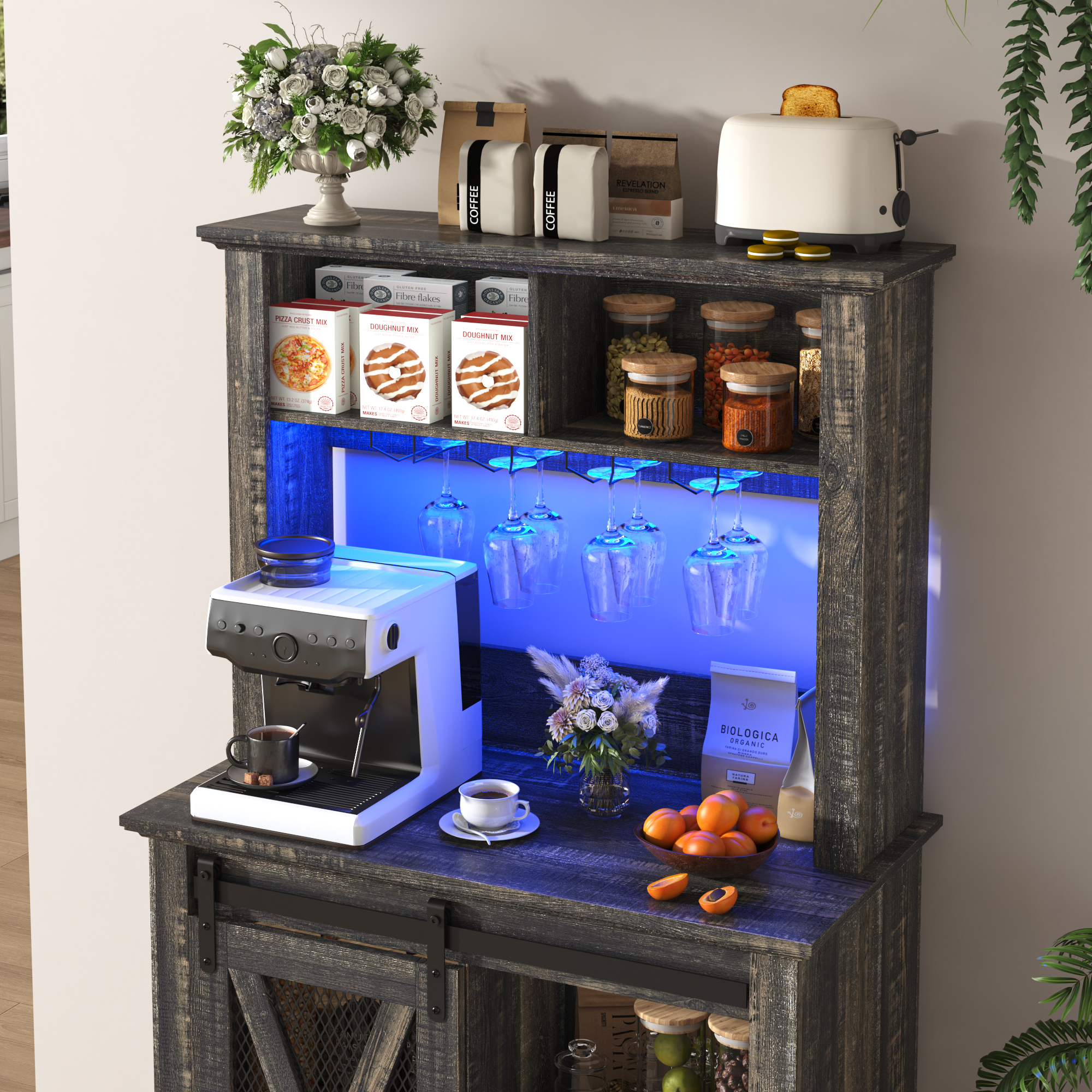 ANPOO 31.5"W Farmhouse Coffee Bar Cabinet Wine Rack and Storage, Tall Wine Bar Cabinet with 2 Tier Storage Hutch, Buffet Cabinet with LED Light and Glass Racks for Kitchen Dining Room