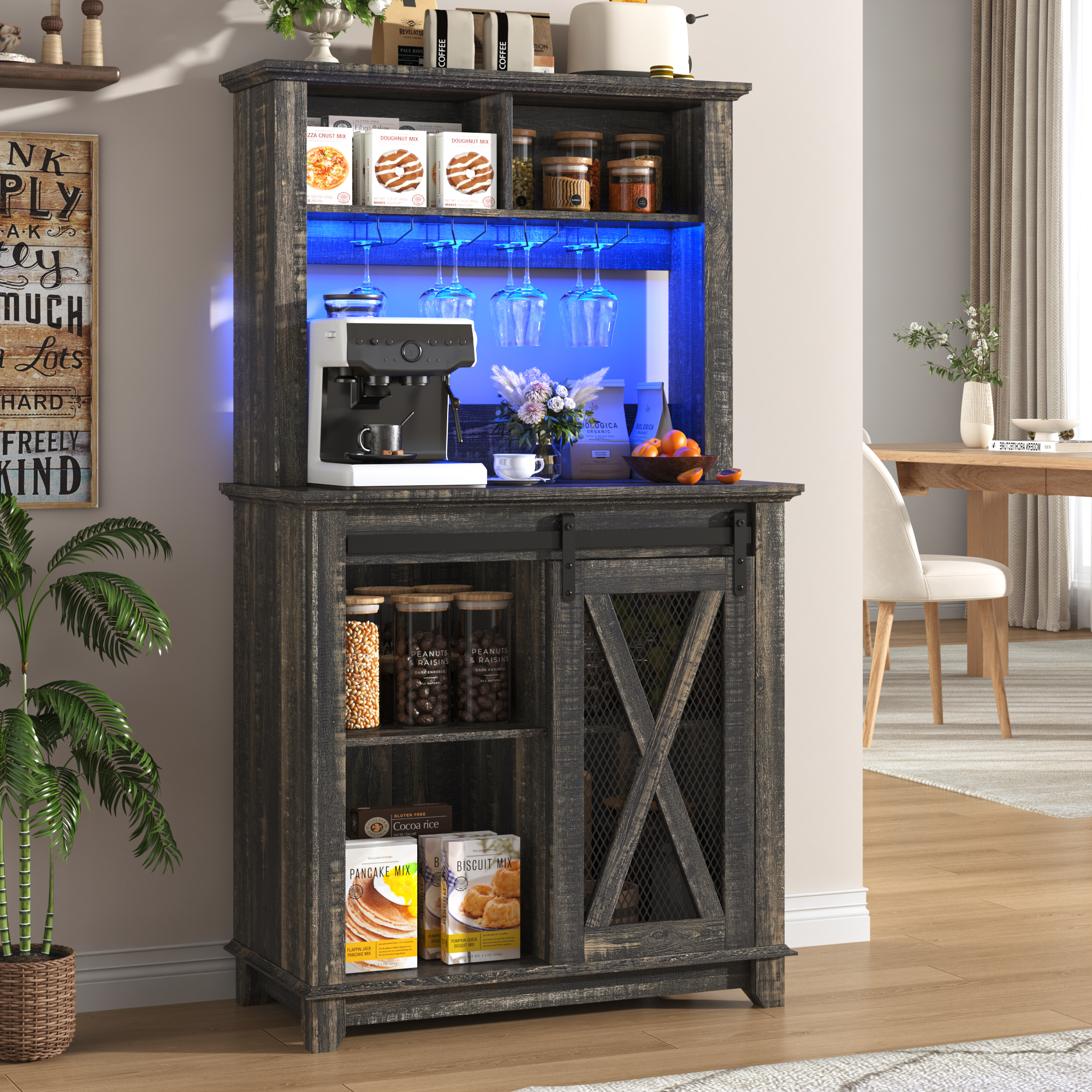 ANPOO 31.5"W Farmhouse Coffee Bar Cabinet Wine Rack and Storage, Tall Wine Bar Cabinet with 2 Tier Storage Hutch, Buffet Cabinet with LED Light and Glass Racks for Kitchen Dining Room