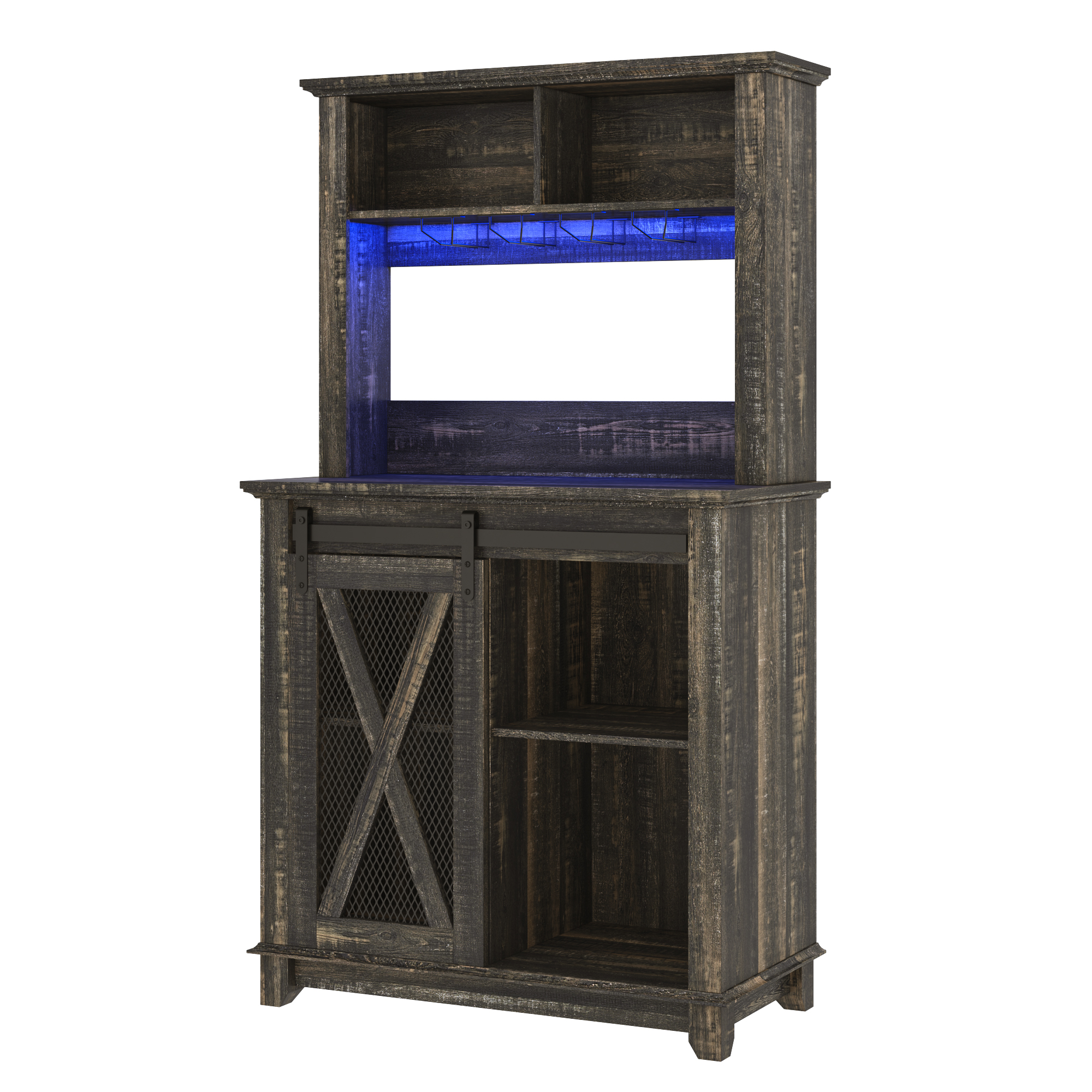 ANPOO 31.5"W Farmhouse Coffee Bar Cabinet Wine Rack and Storage, Tall Wine Bar Cabinet with 2 Tier Storage Hutch, Buffet Cabinet with LED Light and Glass Racks for Kitchen Dining Room