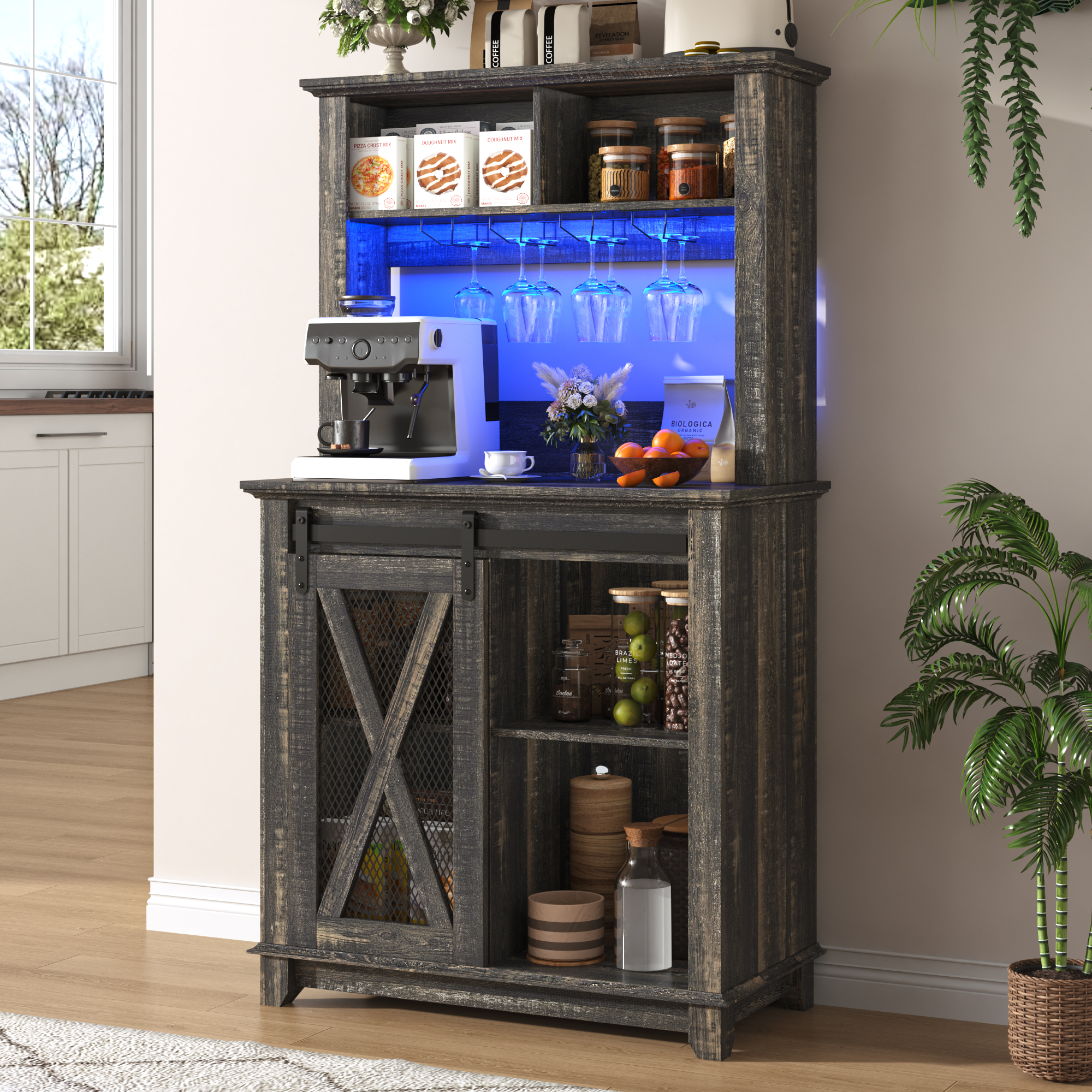 ANPOO 31.5"W Farmhouse Coffee Bar Cabinet Wine Rack and Storage, Tall Wine Bar Cabinet with 2 Tier Storage Hutch, Buffet Cabinet with LED Light and Glass Racks for Kitchen Dining Room