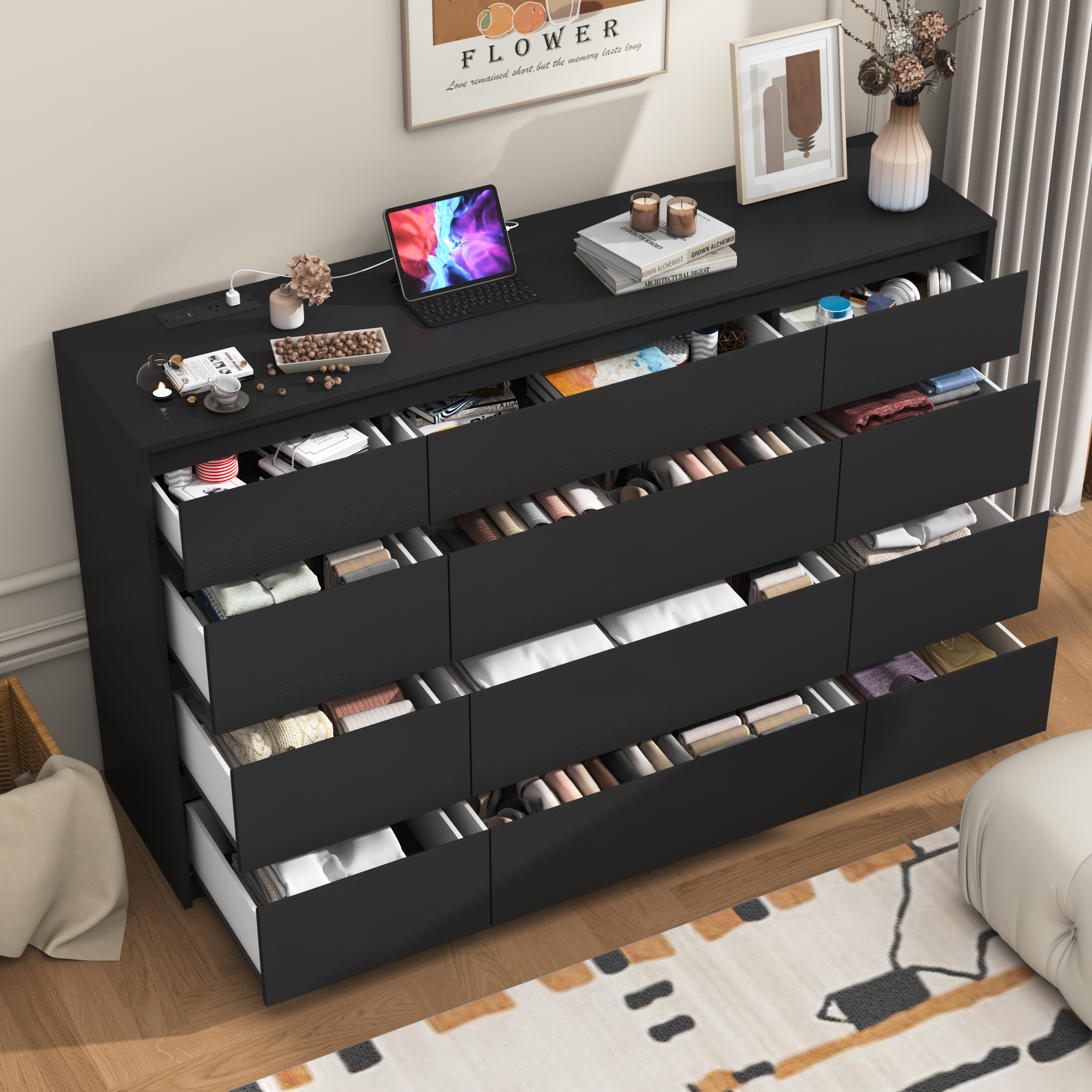ChVans Black Dresser with Charging Station for Bedroom, 63" Modern Wood 9 Dresser with Wide Drawers, Long Dresser for Bedroom, Living Room, Entryway, Hallway